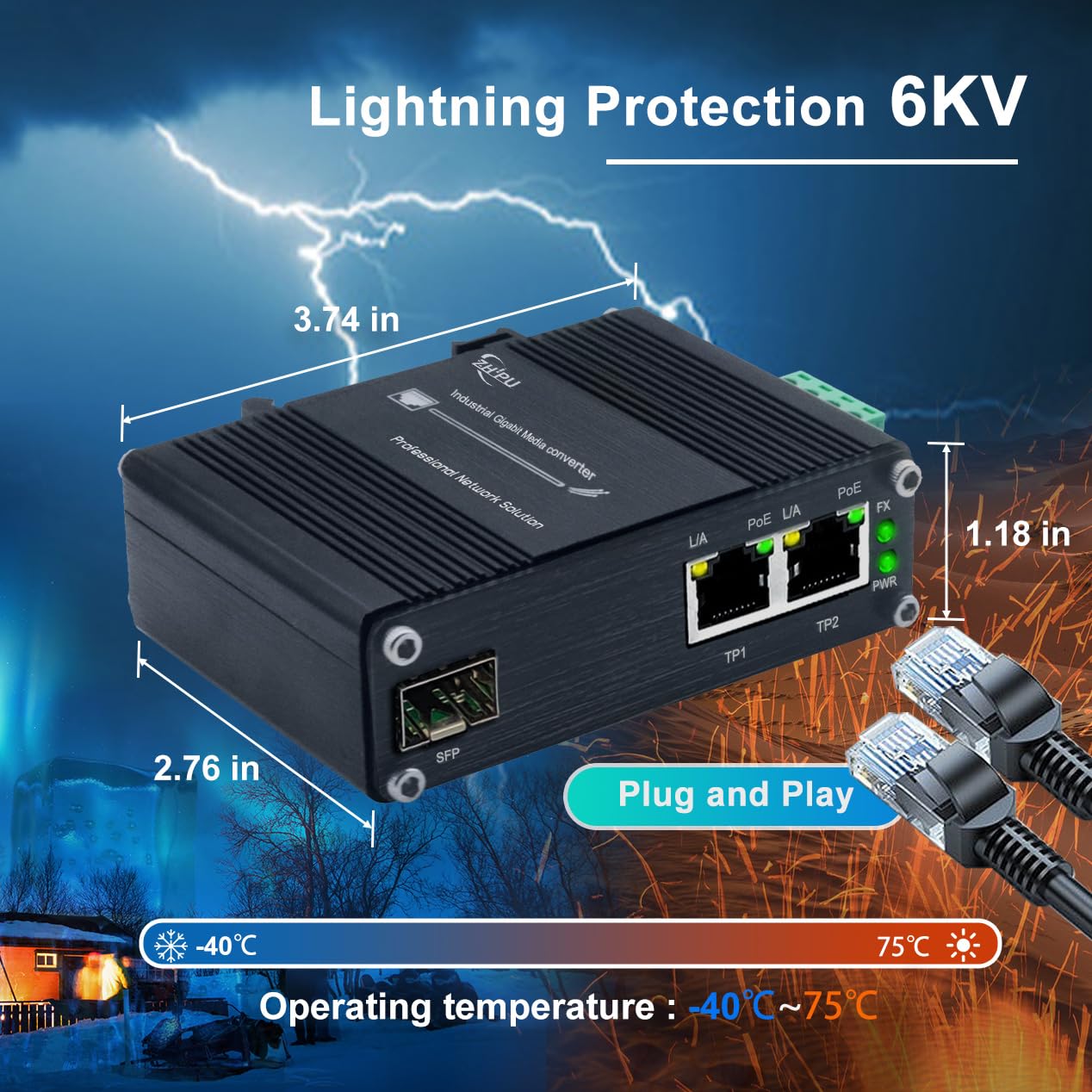 Mini convertisseur de média à fibre Gigabit industriel à 2 ports prenant en charge l'installation sur rail DIN, commutateur à fibre IEEE 802.3af/at 30 W PoE+ avec 2 ports RJ45 et 1 port SFP, entrée