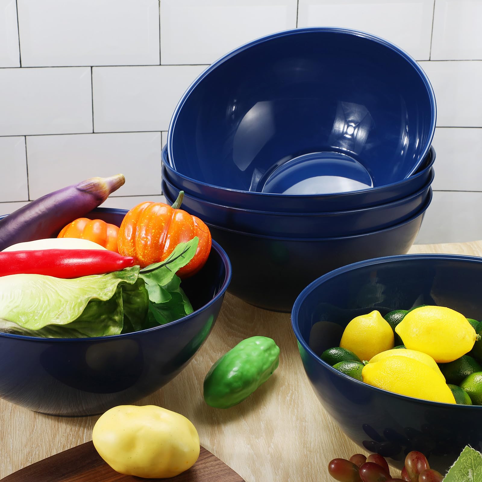 Sieral 6 Pcs Plastic Mixing Bowls Set 5.28qt Serving Bowls Large Salad Bowls for Kitchen Serving Cooking Food Baking Storage Prepping (Navy Blue)