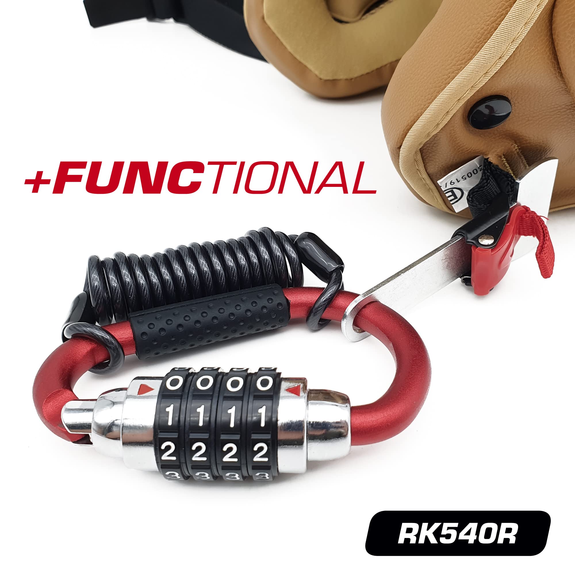 RADIKAL RK540R Cadenas Casque Moto Mousqueton Antivol, Serrure à Combinaison, Adaptateur T Boucle, Câble Sécurité Anti Vol a Code, Universel Vélo Électrique, Bagages, Attache Sac à Dos, Multifonction