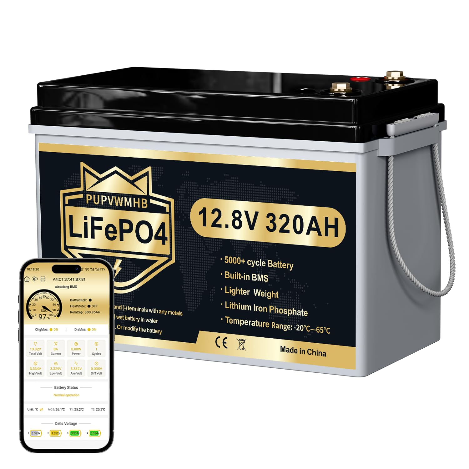 Batterie LiFePO4 12 V 320 Ah avec Bluetooth, BMS 200 A, jusqu'à 15 000 cycles, max 4096 Wh, protection basse température, cycle profond, design compact, pour camping-car, solaire, moteur électrique