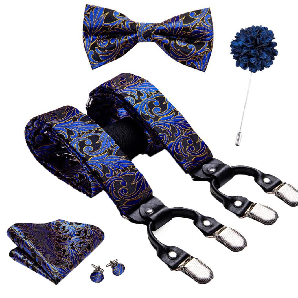 keusyoi Herren-Hosenträger aus Seide, zum Anklippen, verstellbare Hosenträger, Fliege, Einstecktuch, Manschettenknöpfe, Brosche, Set für Herren, 3,5 cm breit, elastisch