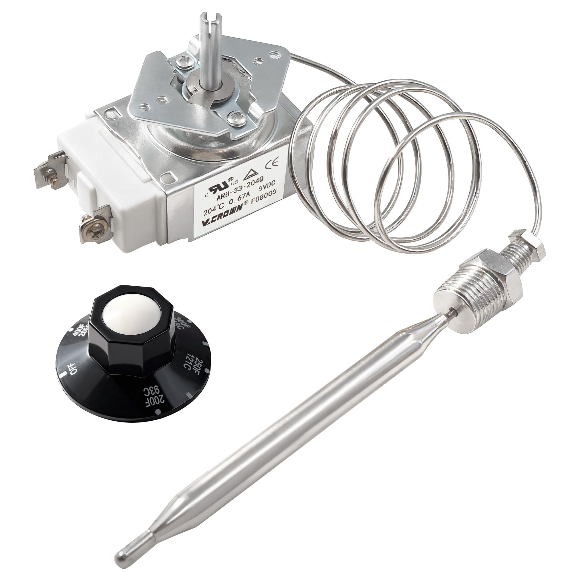 RX-2-24 Thermostat for Deep Fryer with Control Knob, 200-400°F Range, 3/8" MPT; Replaces Adcraft RX-2-24/RX-10-24, Atosa 301030004, Robert Shaw 5300-402