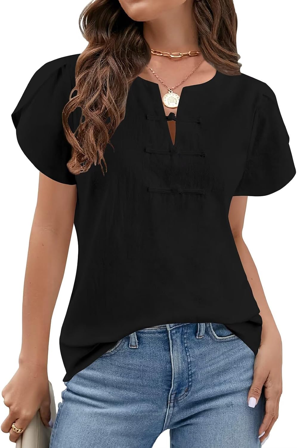 Womens Short Sleeve Tops Petal V Neck Blouses Dressy Casual 2026 Trendy Henley Shirts