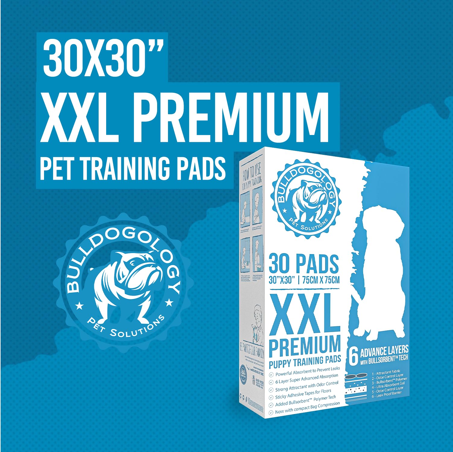 Bulldogology Almohadillas para orina para cachorros XXL con cinta adhesiva, almohadillas de entrenamiento extra grandes para perros (30 x 30), 6 capas con tecnología de polímero Bullsorbent de secado