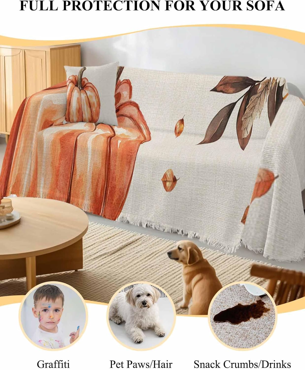 Farmhouse Pumpkin Sofa Cover Couch Cushion Slipcover,Thanksgiving Fall Harvest Autumn Orange Armchair Sectional/Individual/L/T Shape Sofa Couch Furniture Non Slip Throw Blanket Cover,S 71"x91"
