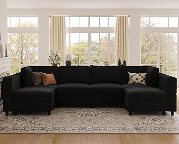 Belffin 114.2" U-Shaped Modular Sectional Sofa, 6-Seat Couch with Deep Seats and Movable Storage Ottoman Chaise, Upholstered Comfy Living Room Couches in Black Velvet Fabric