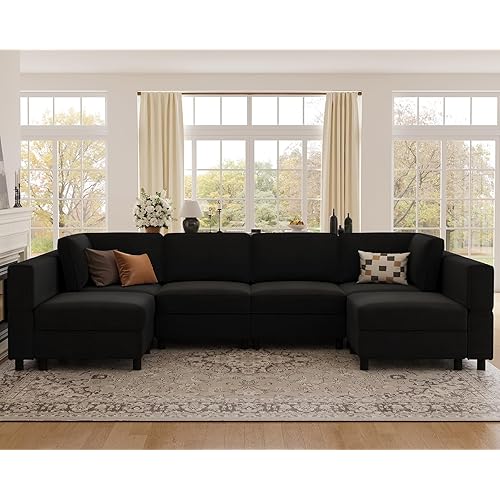 Belffin 114.2" U-Shaped Modular Sectional Sofa, 6-Seat Couch with Deep Seats and Movable Storage Ottoman Chaise, Upholstered Comfy Living Room Couches in Black Velvet Fabric