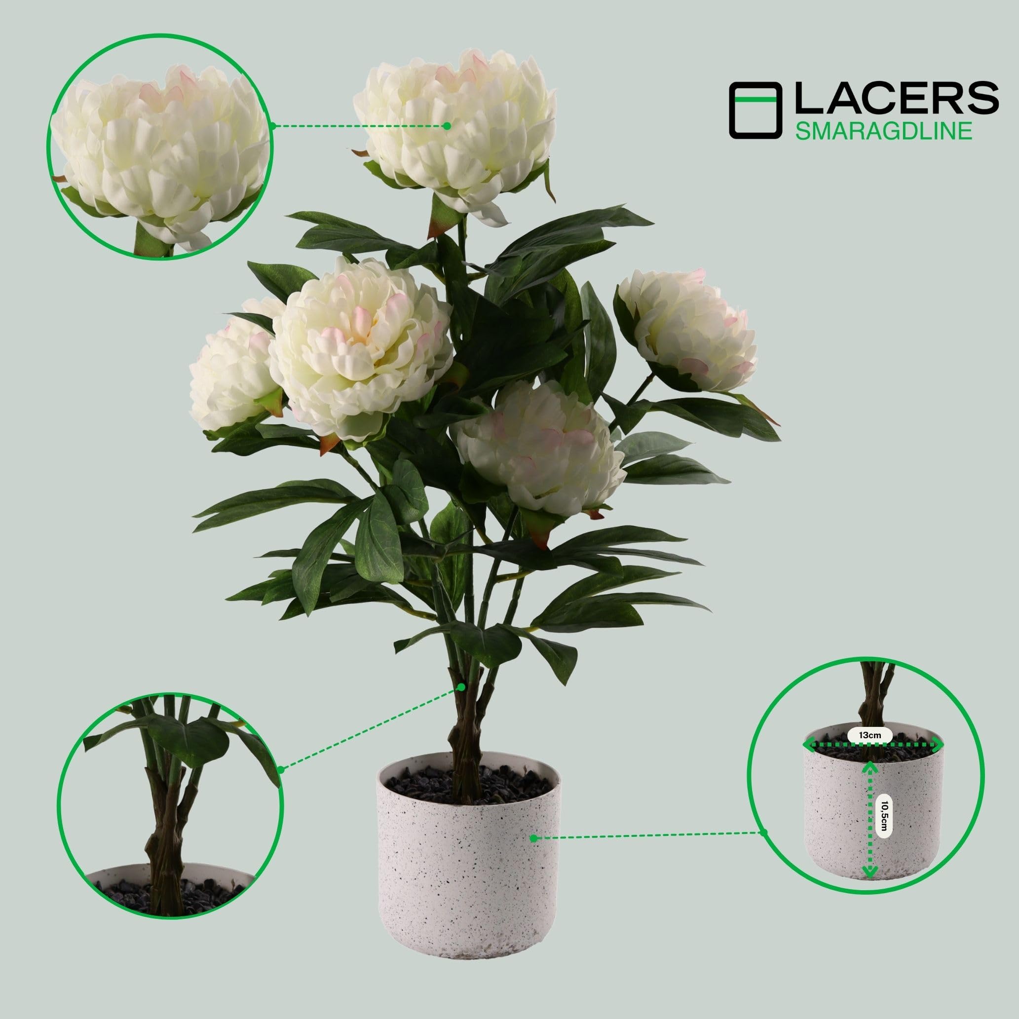 Lacers SMARAGDLINE künstliche Pfingstrosen 2er Set weiß - 55cm künstliche Pflanzen dekorative kunstpflanze im Topf lebendige Farben wie echt wirkende Blätter & Blüten für Ihr Zuhause & Büro