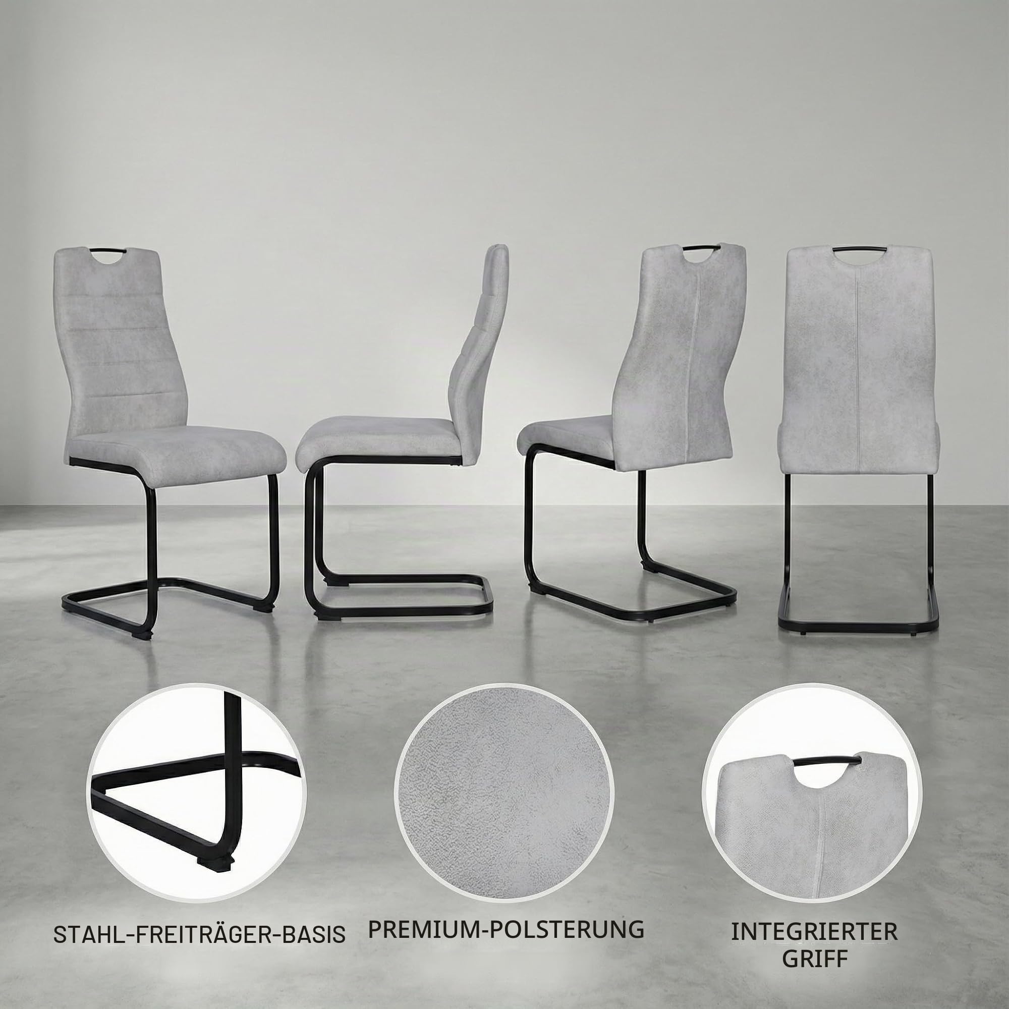 JIEXI Esszimmerstühle 4er Set, Freischwinger Schwingstuhl, Hohe Rückenlehne, Wohnzimmerstuhl 150kg belastbar, Moderner Designstuhl für Esszimmer Küche, Grau