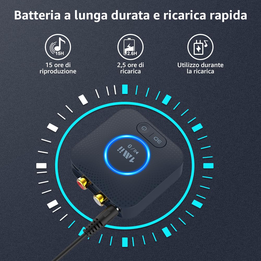 1Mii B06HD Ricevitore Audio Bluetooth 5.3, Adattatore Bluetooth per Sistema Stereo HiFi Domestico, con Audio Surround 3D a Bassa Latenza aptX HD, 15 Ore di Riproduzione, Jack AUX RCA da 3.5mm