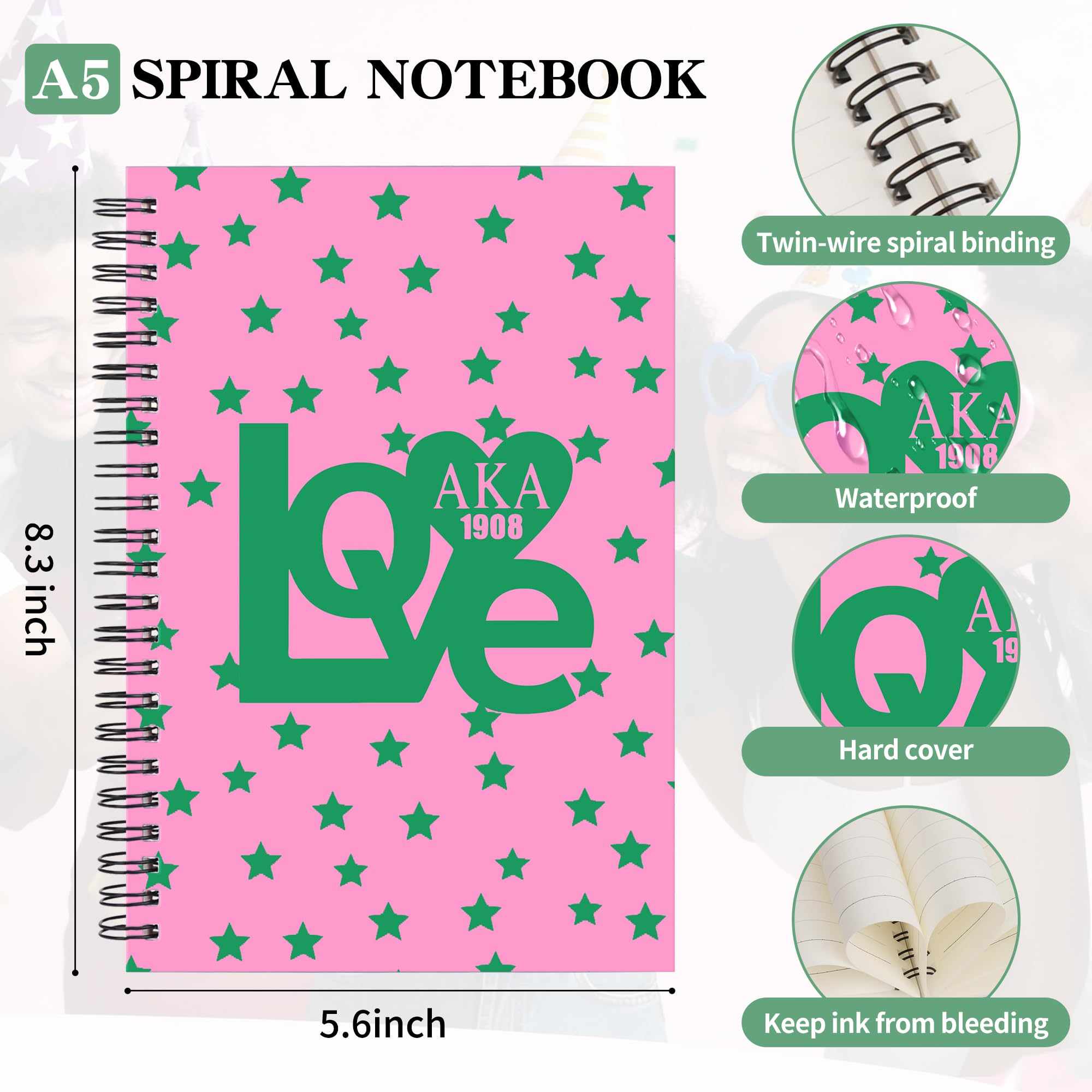 JOHSBYD AKA Sorority Spiral Notebook 2 Pack A5, 1908 Pink and Green Lined Journal for Women, Notebook for Work School Note Taking, AKA Gifts for Sisters Students Teacher (2 spiral-aka love)
