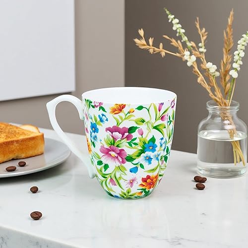 Miniatura 5 de Taza floral de porcelana de hueso de 14 onzas, taza de café floral para mujeres y hombres, taza de té de café de porcelana de hueso con asa cómoda,