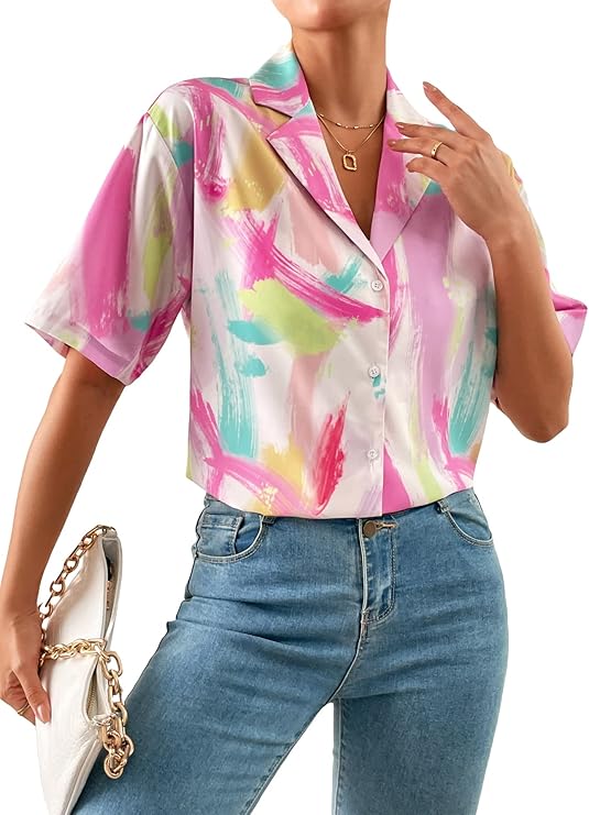 1980s Clothing & Fashion | 80s Style Clothes Floerns Womens Casual V Neck Collared Button Up Blouse Top Print Summer Shirt  AT vintagedancer.com