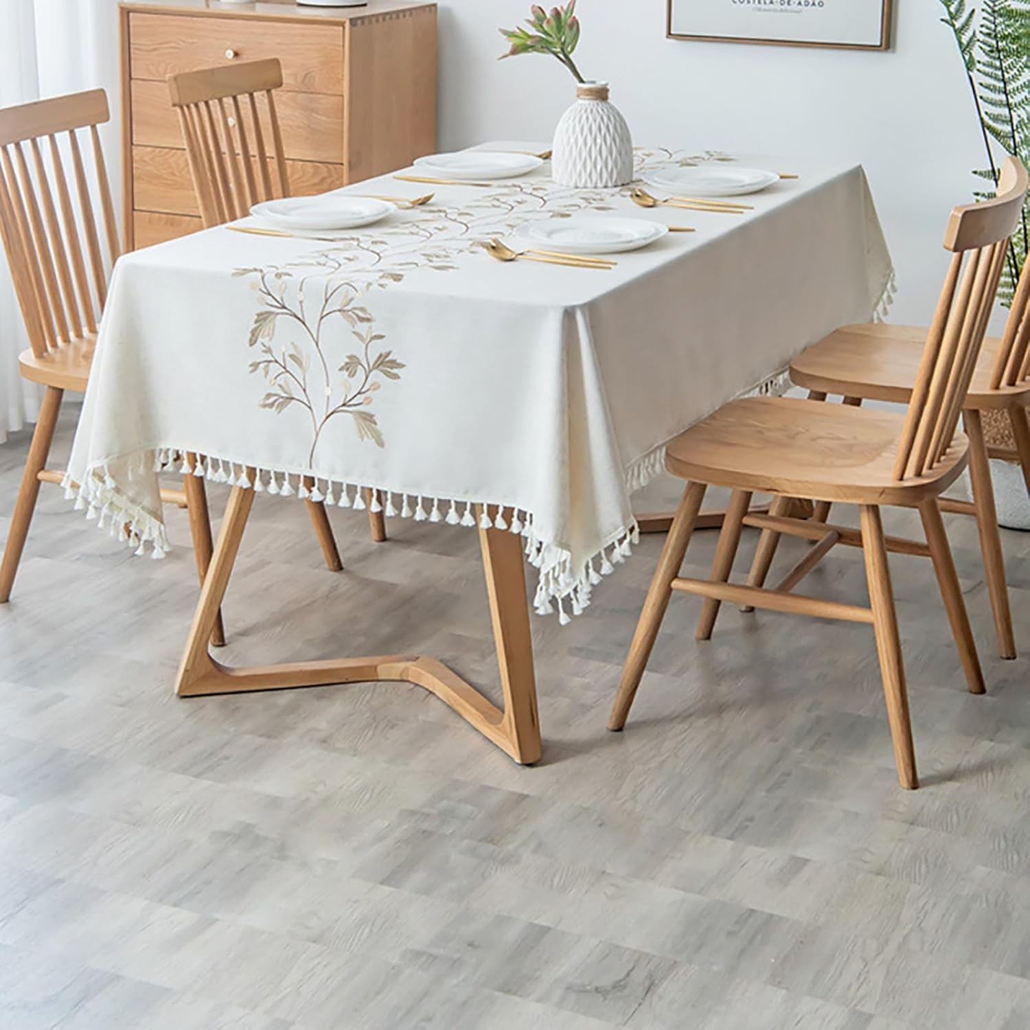 Polyester Fabric Table Skirt, with Tassel Edges, Embroidery Design Desk Skirt, Simple and Refreshing, for Dining Table and Tea Table(140x240cm/55.1x94.4in)