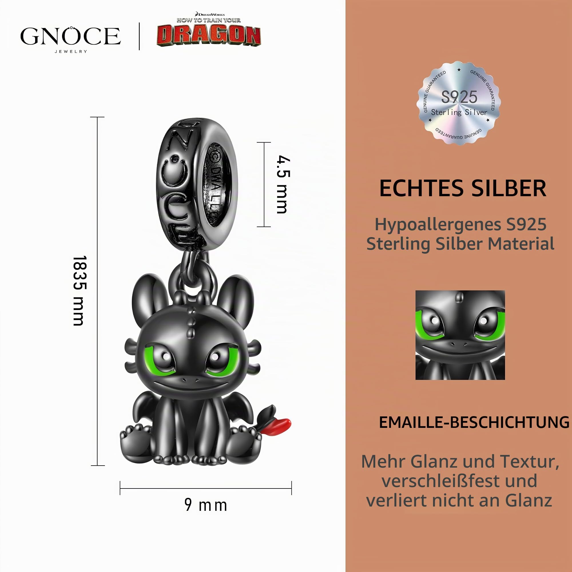 GNOCE How to Train Your Dragon Anhänger Dangle Charms Toothless&Light Fury Dragon Charms 925 Sterling Silber Anhänger Charms Fit Armband/Halskette Schmuck Geschenk für Frauen Ehefrau