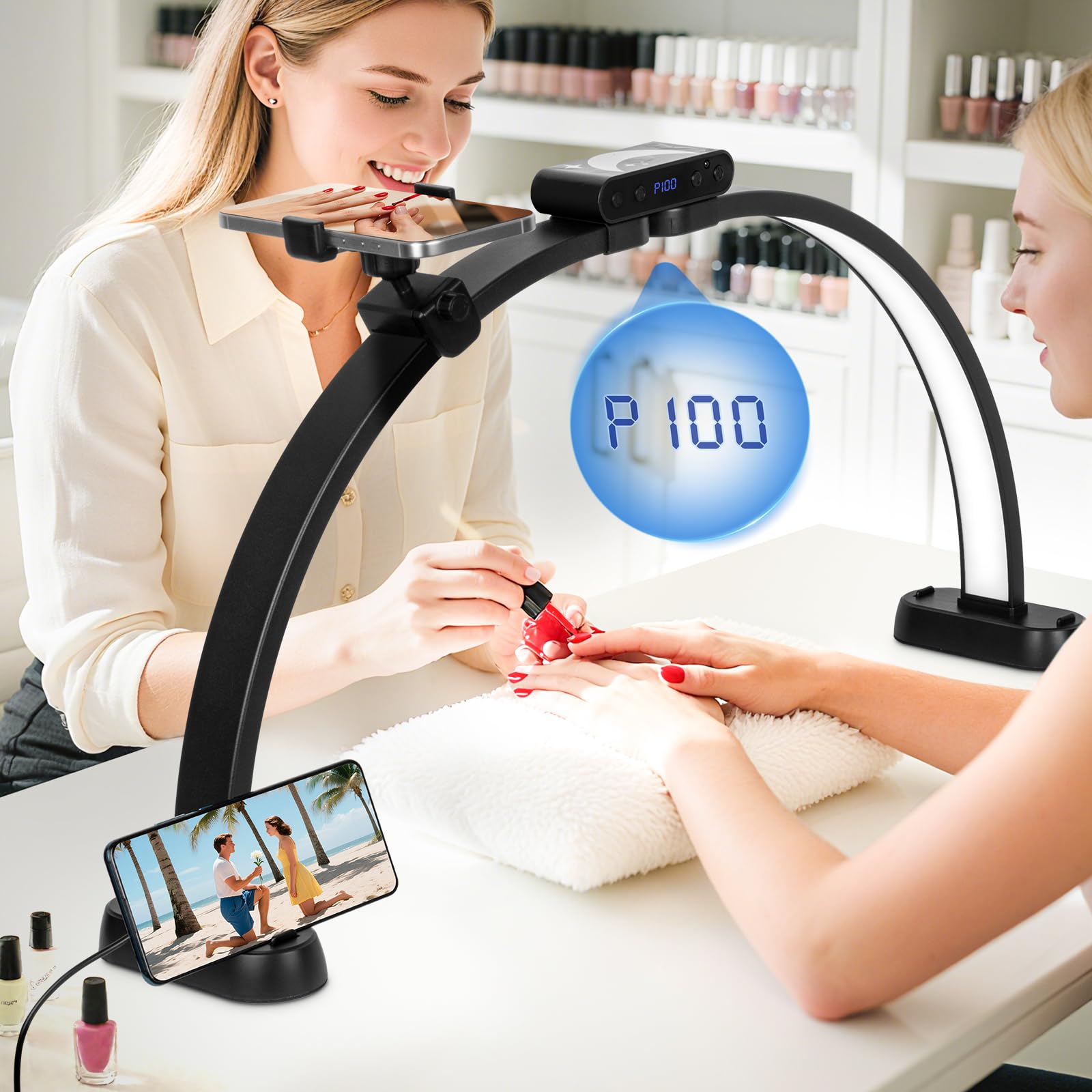 kirkas 29inch large half moon light for nail tech, 456 leds 3 color modes infinitely knob arch nail light with screen and phone holder charging function, foldable lighted lamp for manicure,craft-black