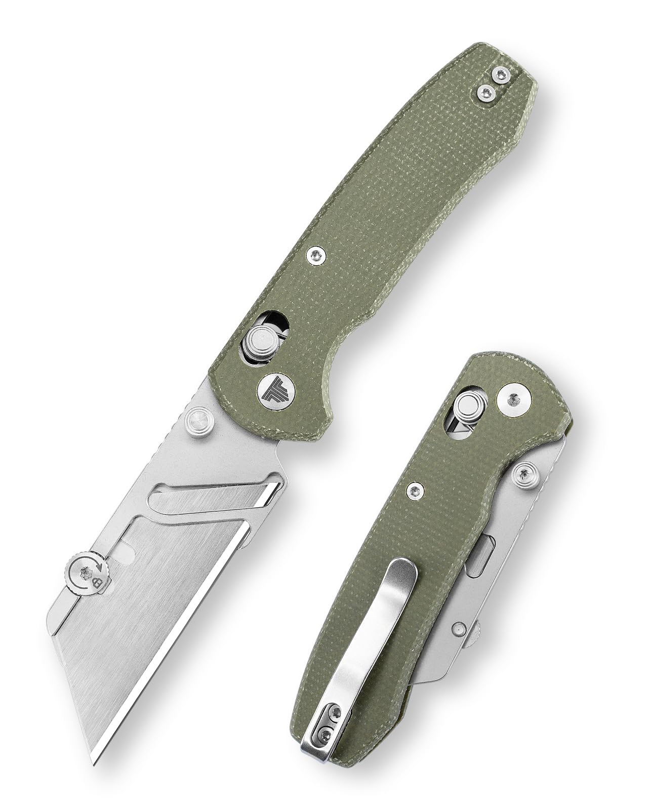 TRIVISA Klappmesser – Puppy-GM, Cuttermesser mit Schnellwechselklinge, Taschenclip, Micarta-Griff, 5 Extra-Klingen, Teppichmesser für Damen und Herren (Grün)