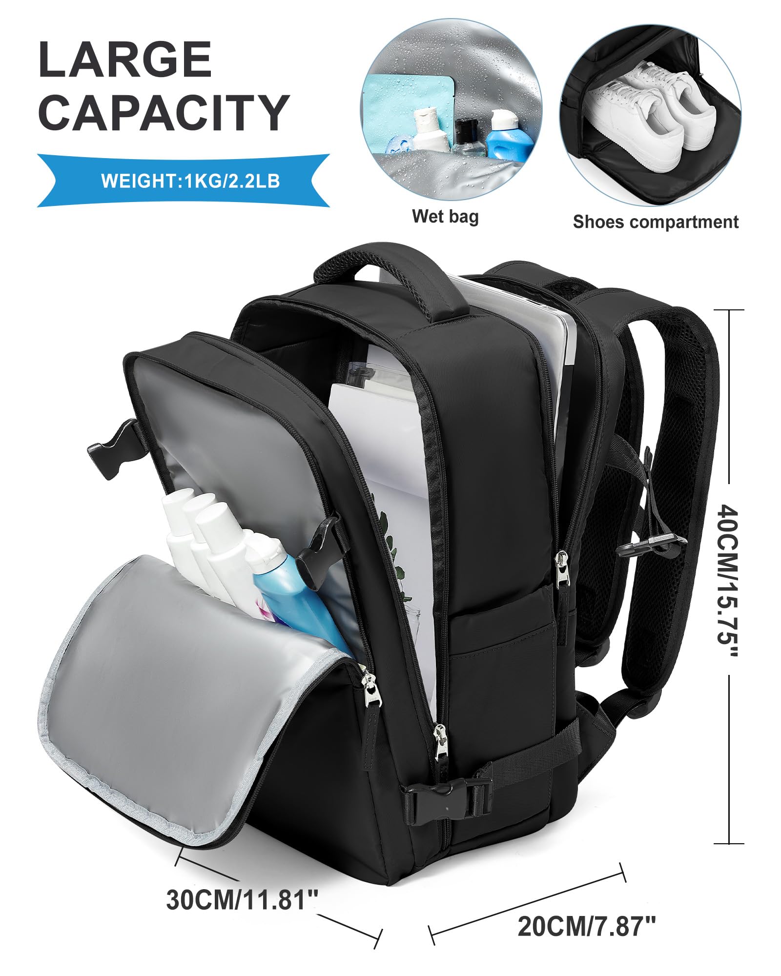 SZLX Zaino Ryanair 40x30x20 Sottovuoto Zaino da Viaggio 40x30x20 Wizzair | Bagaglio a Mano 40x30x20 Donna Uomo Borse da Cabina per Ryanair Easyjet Adatto a PC da 14 Pollici con USB e scomparto scarpe