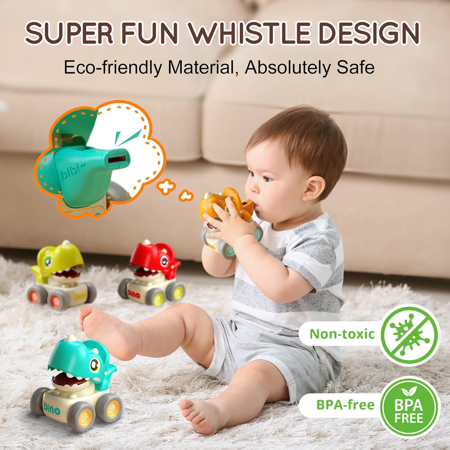 Dinosaur Racing Cars for Toddlers 1-3, Baby Press and Go Car Toys, Infant Play Vehicle Set with Whistle, Baby Push Go Friction Car Toys for 18M+, 1st Birthday Gift for 1 2 Years Old Boys Girls