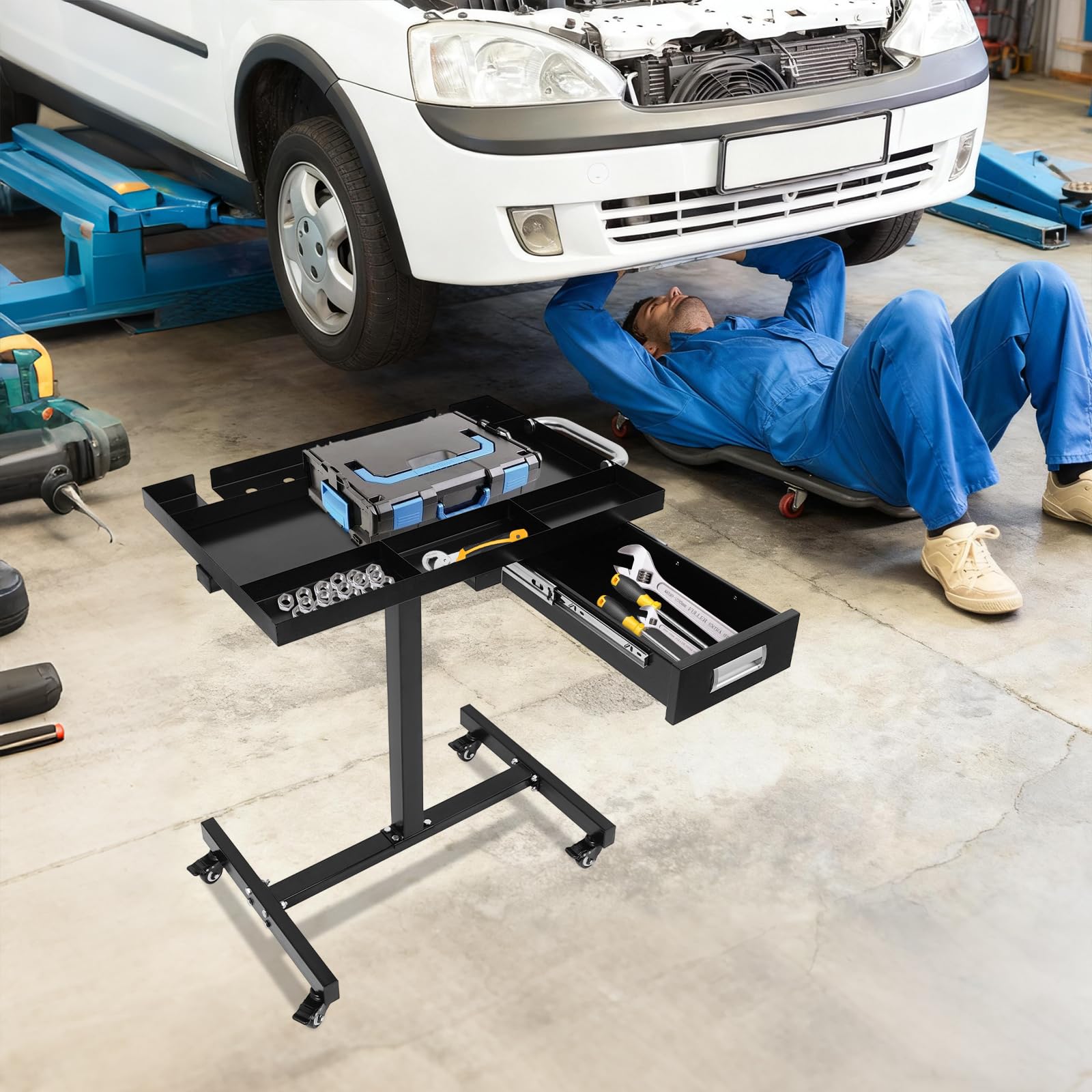 Carro de taller móvil con cajón, carro de montaje de acero con compartimentos para piezas pequeñas y portaherramientas, carro para taller y garaje hasta 100 kg, color negro