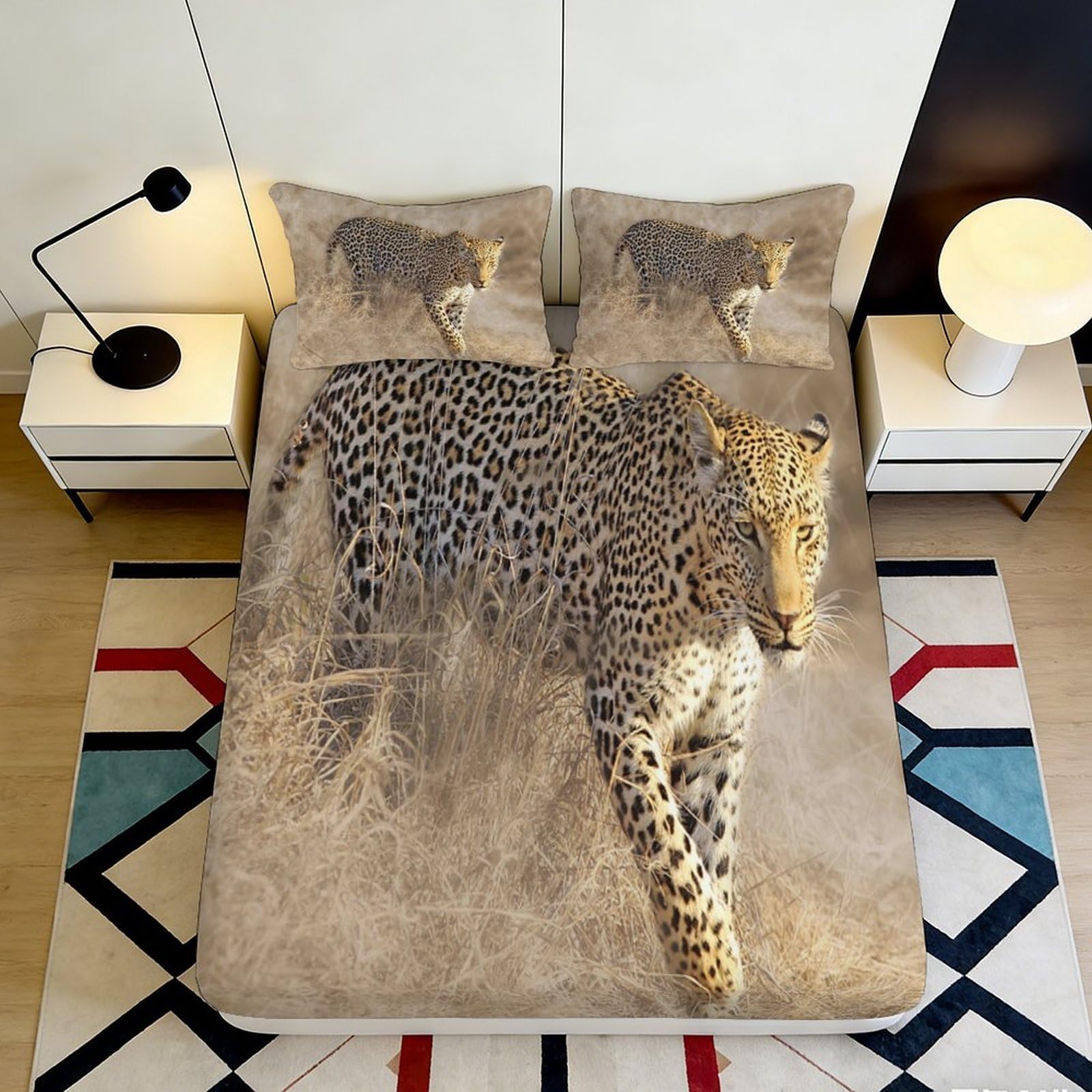 3D Printed Leopard Pattern Fitted Sheet Microfiber Soft Breathable Wildlife Bed Cover for Bedroom Dormitory Guest Room Mattress Protection Decor 120x200x25cm