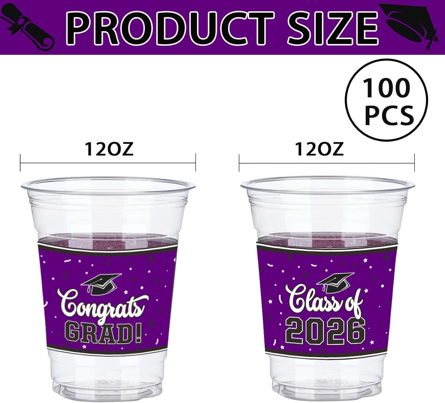 100 Pcs 12oz Graduation Cups Class of 2026 Disposable Graduation Plastic Cups, 2026 Grad Party Cups for Congrats Grad, Class of 2026 Celebration Party Supplies Tableware - Image 2