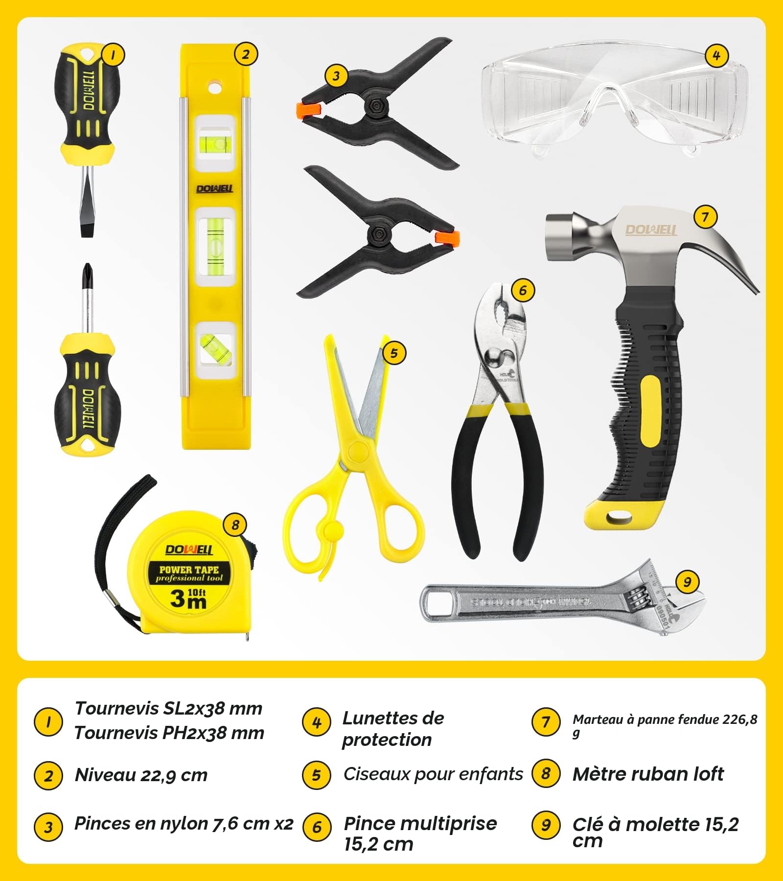 Dowell Kids kit avec de vrais outils à main en métal pour les garçons et les filles, kit d'apprentissage DIY pour les enfants et les adolescents, 8 ans et plus