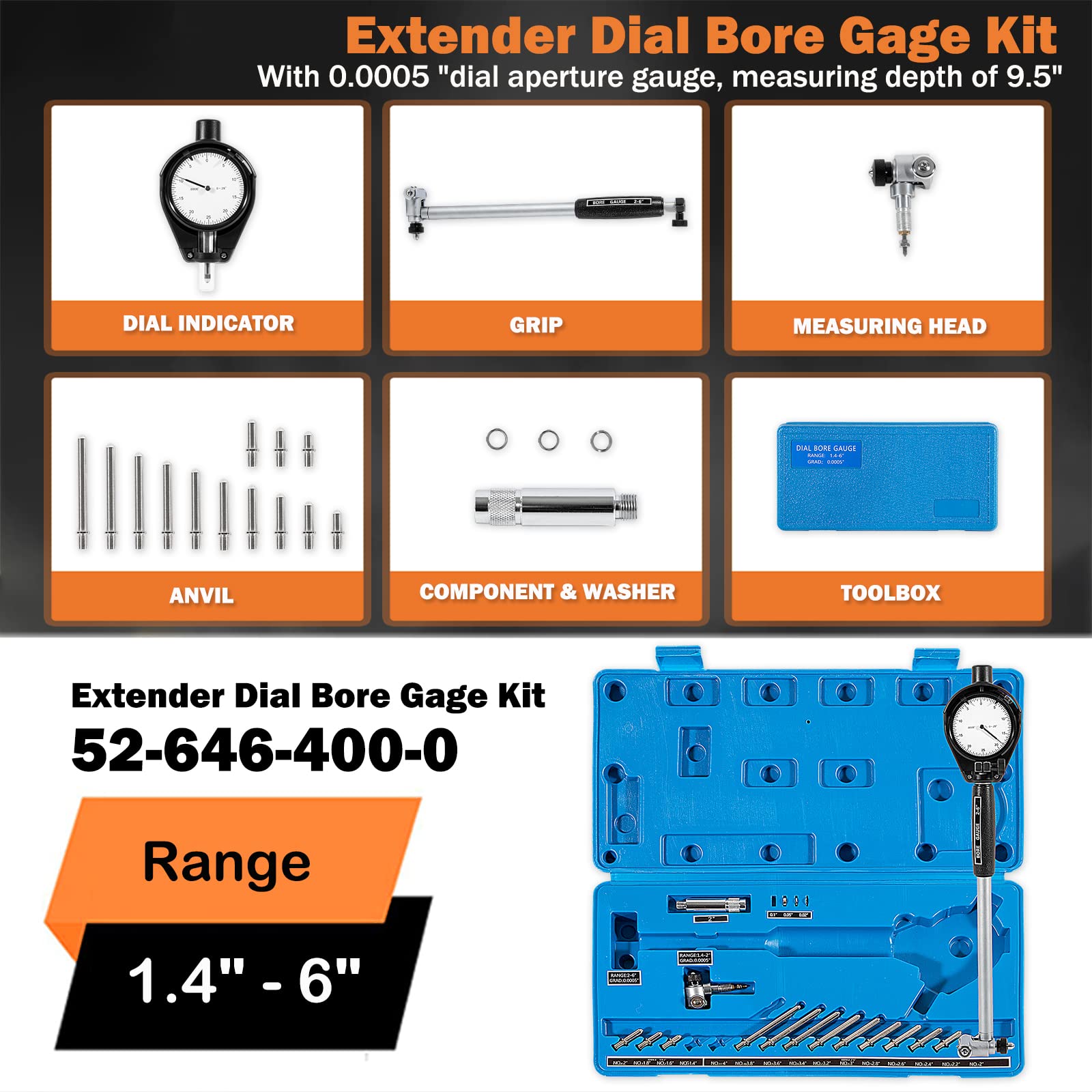 52-646-400-0 para kit de calibre de diámetro de esfera extensor, rango de 1.4 a 6 pulgadas, profundidad de medición de 9.5 pulgadas, calibre de diámetro de esfera de graduación de 0.000 pulgadas