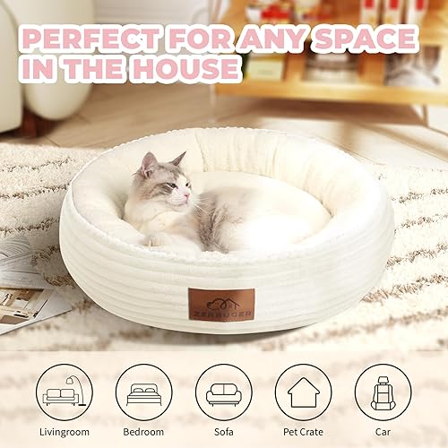 Miniatura 5 de Cama redonda color crema para perros y gatos, de 23 pulgadas, regalo para perros grandes, medianos y pequeños, sofá de dormir lavable a máquina,