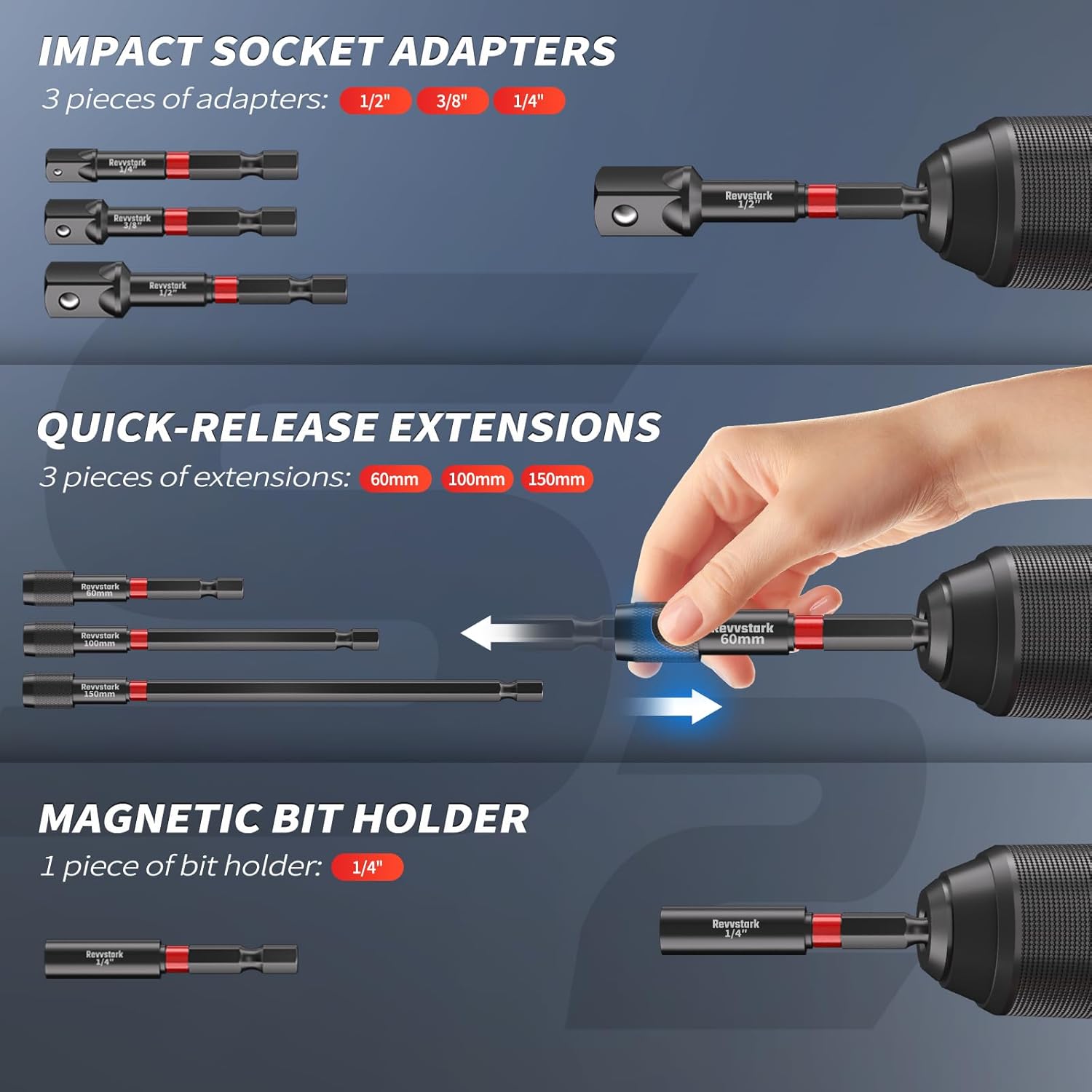 21PCS Magnetic Nut Driver Set for Impact Drill, Driver Bit Set 1/4", Metric & SAE Nut Driver, S2 Alloy Steel, Impact Socket Adapters, Bit Holder, Quick-Release Extensions with Storage Bag