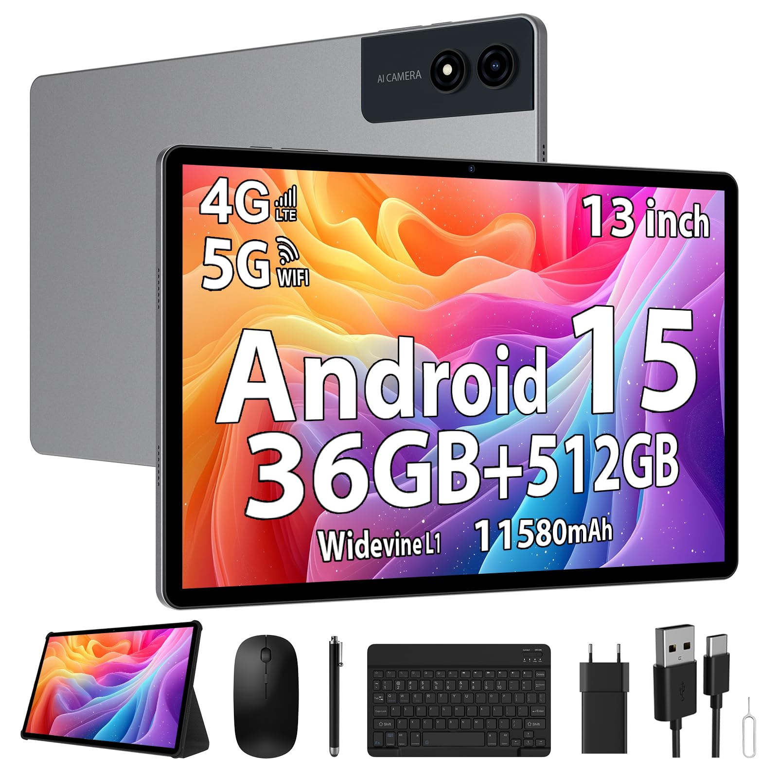 RUSHAR Tablet 13 Pollici Android 15 con 36GB RAM+512GB ROM(TF 2TB), 4G LTE/SIM & 5G WiFi, INCEL 3K HD, 11580mAh/Octa Core/Gemini AI/13MP+8MP/90H/18W/GPS/Widevine L1/BT5.0, Tablet con Tastiera, Grigio