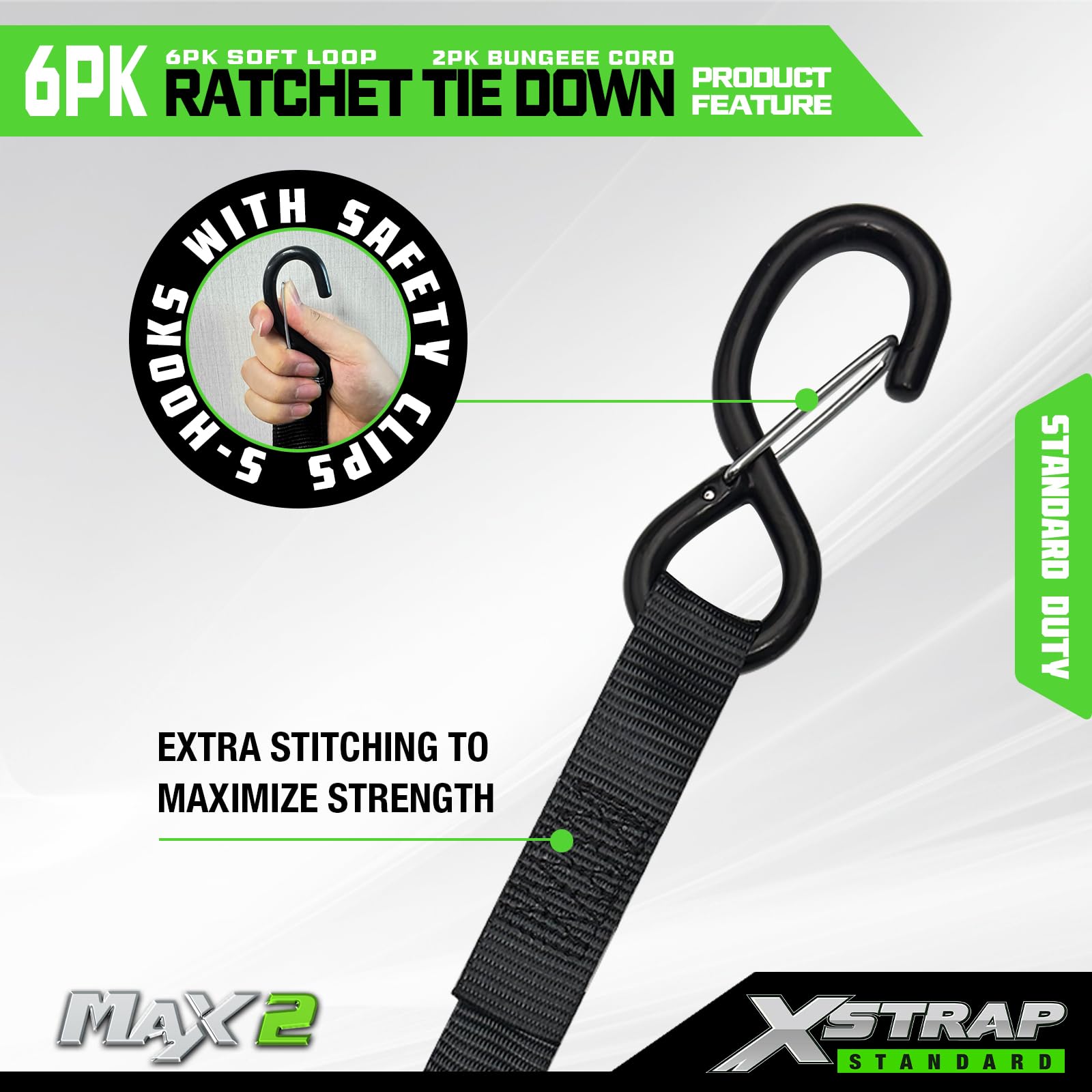 XSTRAP Standard Spanngurte mit Ratsche – 6 Stück, 2,5 cm x 4,8 m – 857 kg Bruchfestigkeit, Sicherheitsverriegelung, S-Haken, mit 6 weichen Schlaufen, 2 Bungee-Schnüre, logistische Cargogurte für