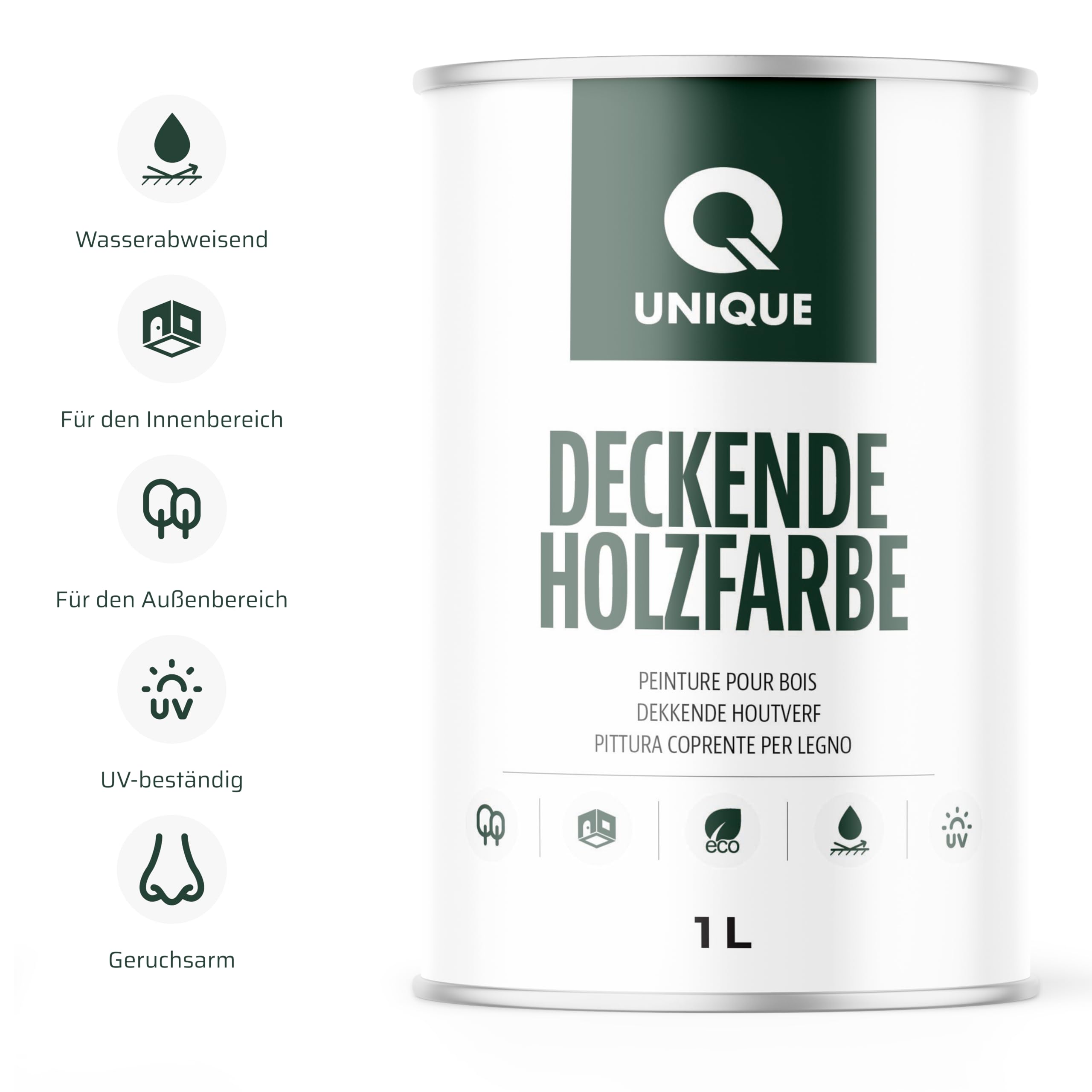 Q UNIQUE Deckende Holzfarbe Innen & Außen – Wasserbasierte Wetterschutzfarbe für Holz, MDF, HDF & OSB – UV-beständig, wetterfest – Für Gartenmöbel & Holzzaun – Hochglanz, Satin, Halbmatt