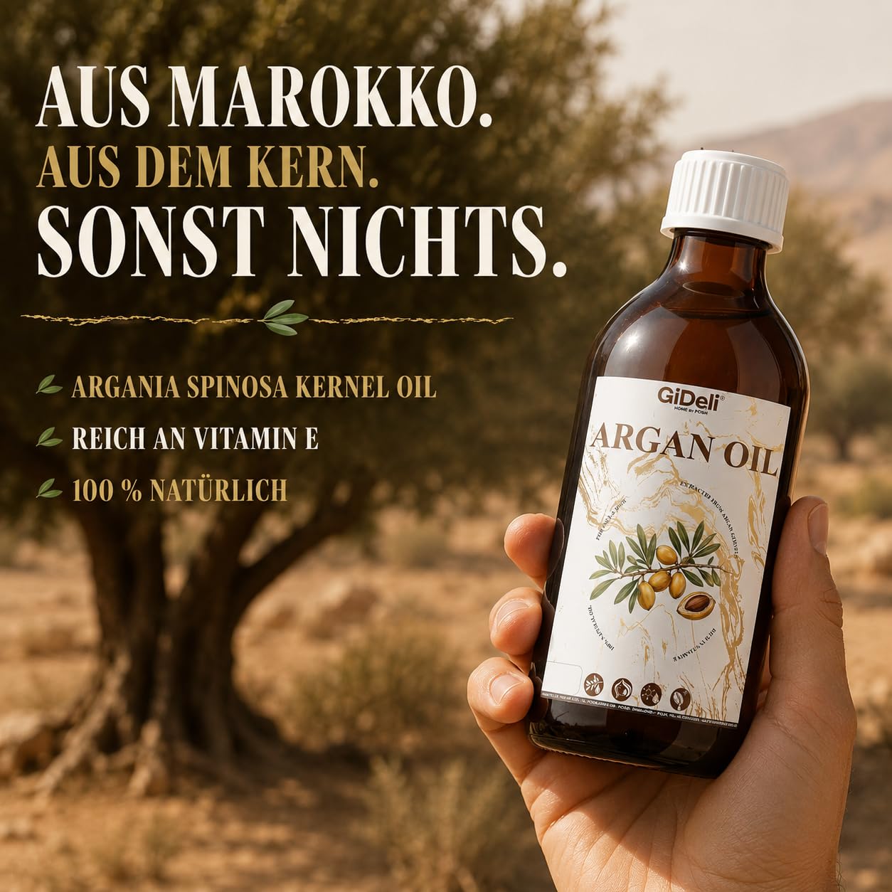 GiDeli Olio di argan per capelli, 1000 ml, olio per capelli e viso per pelle, unghie e barba, ricco di vitamina E per lucentezza e morbidezza, olio di argan naturale al 100% da semi di argan puri