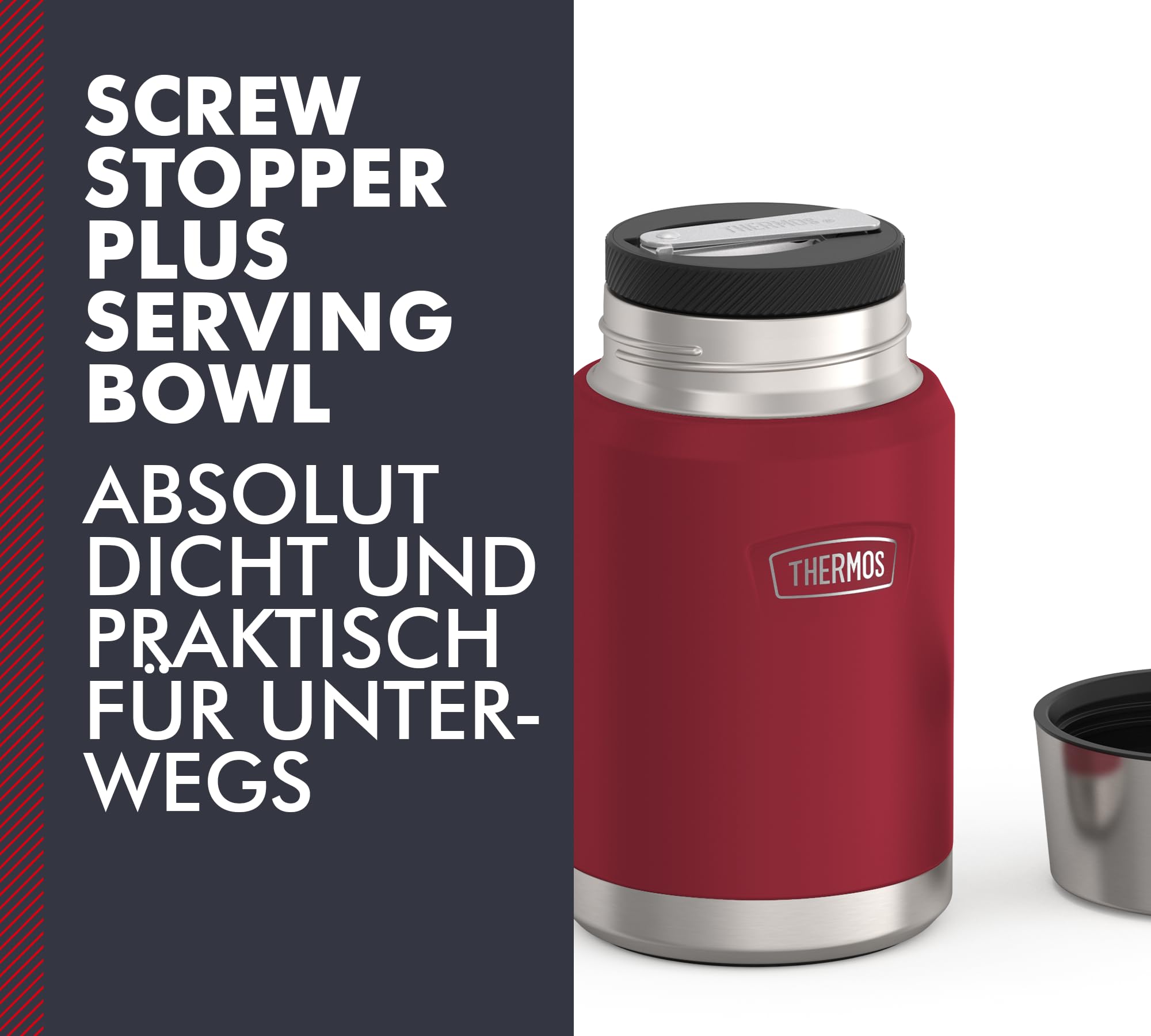 Thermos ICON Food Jar 0,71 l, rosso/bacca mat, contenitore per cibo 710 ml, in acciaio inox 18/8 a doppia parete, mantiene caldo e freddo, con cucchiaio pieghevole, fondo antiscivolo, assolutamente
