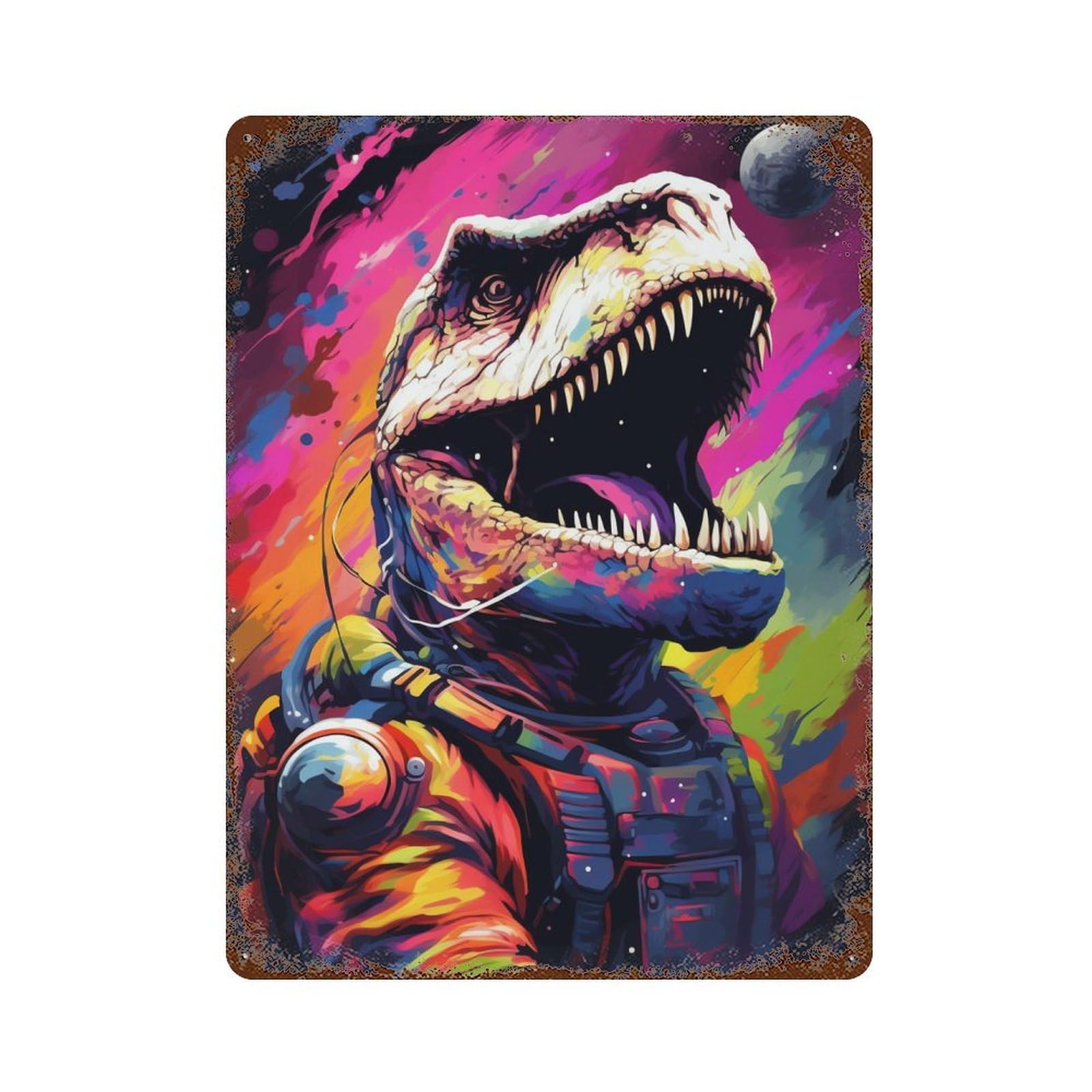 Space Dinosaur Astronaut Art Print -8 Retro Metal Sign 15.7"x11.8", Decorative Metal Wall Art for Garage, Bar And Workshop Decor