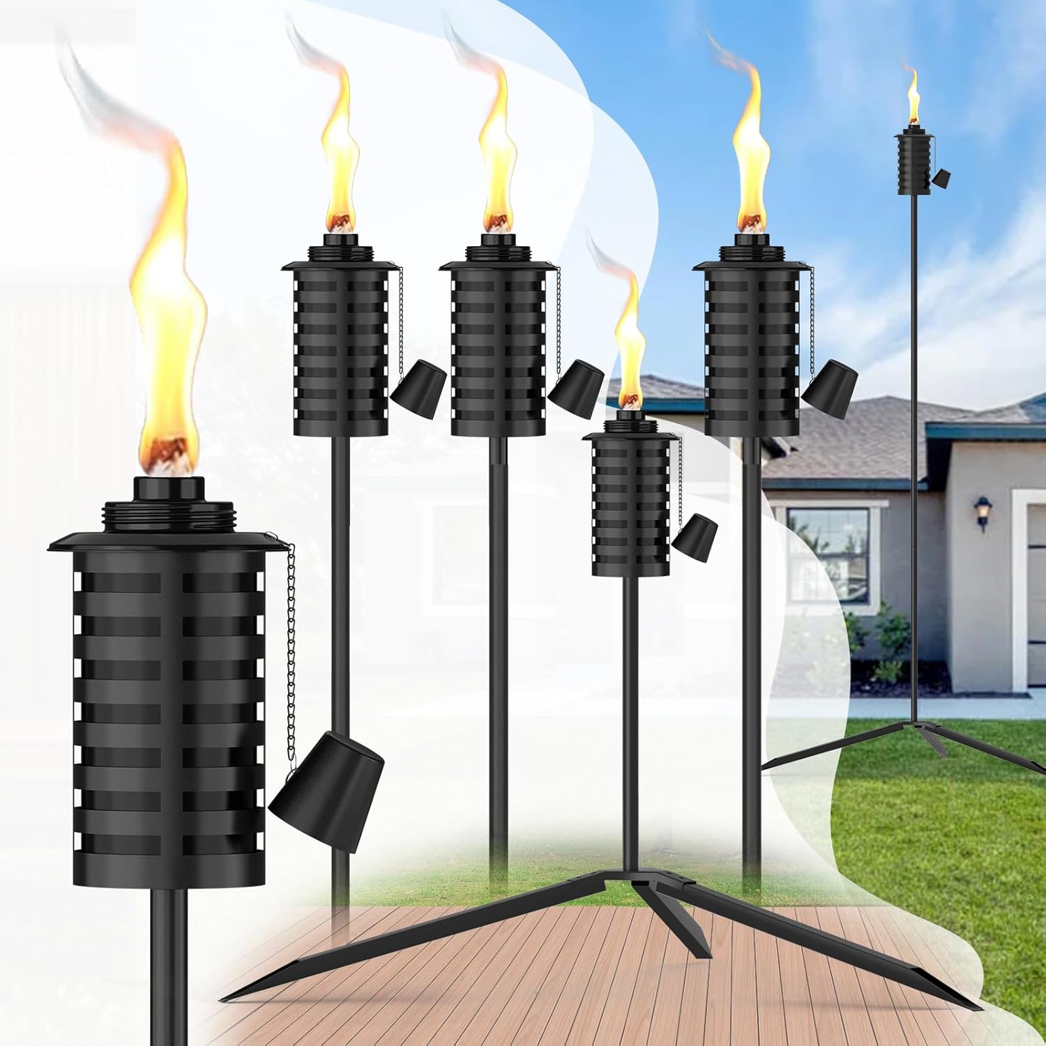 6 Pack Garden Torch with Tripod Footprint, 55 Inch Outdoor Metal Torch Garden Décor, Upgraded Home Citronella Torches, Metal Light Torches for Any Yard, Pathway, Backyard