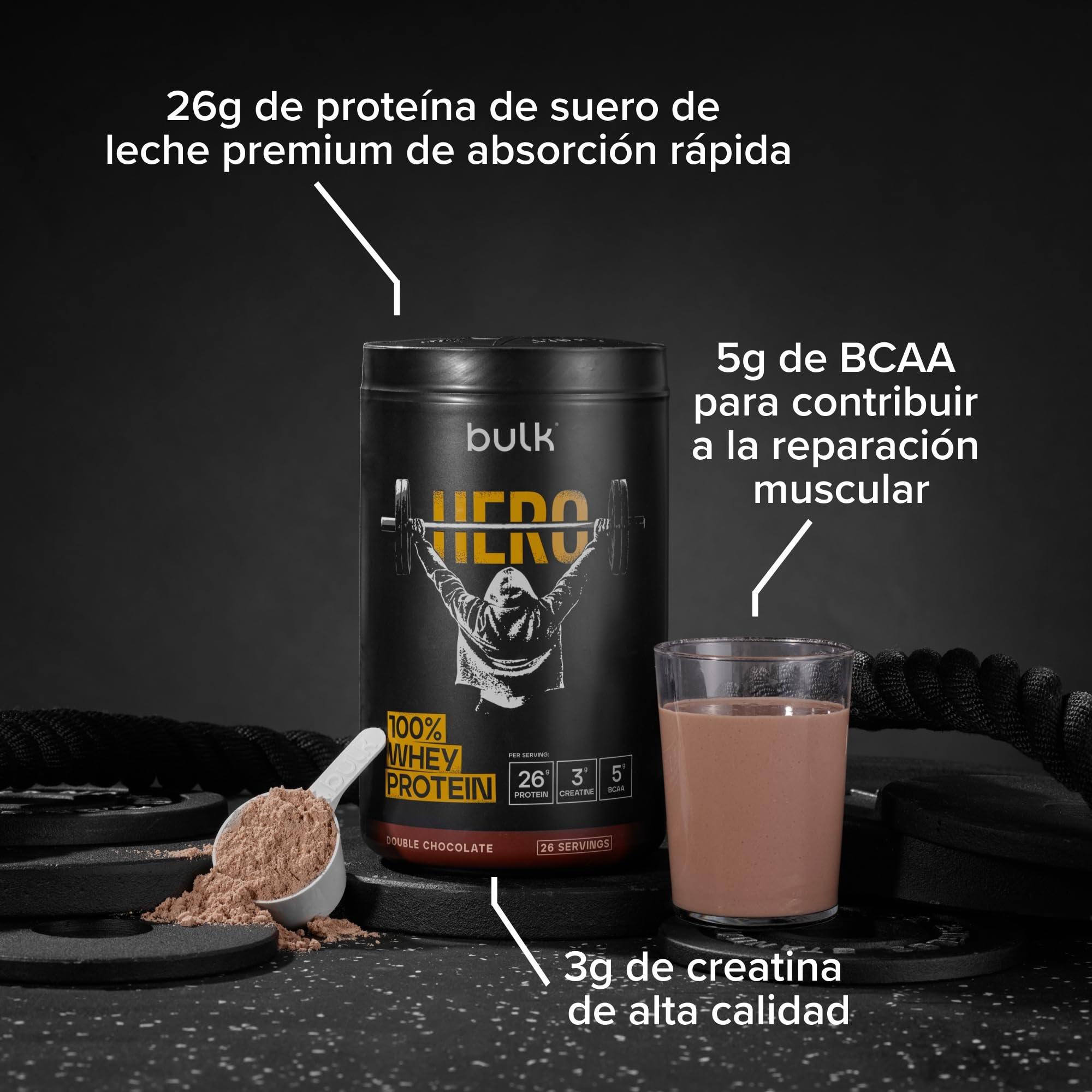 Bulk Hero Whey Protein Powder | Double Chocolate | 26 Servings | 26g Protein + 3g Creatine | 5g BCAAs | Low Sugar | Fast Absorption | Isolate, Hydrolysed & Concentrate Blend