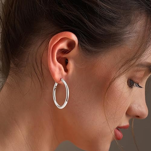 Miniatura 2 de Charmsy - Aretes de aro de plata de ley 925, ligeros, italianos de 0.098 in, corte de diamante, redondos, clásicos, para mujer