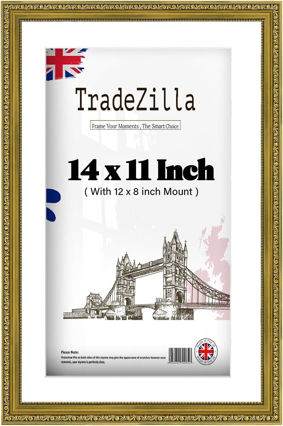 TradeZilla 14x11 inch Gold Ornate Photo Frame with White 12x8 Mount for Artwork, Posters & Photos – Antique Classic Design for Portrait or Landscape Wall Display – Hooks Included (Gold)