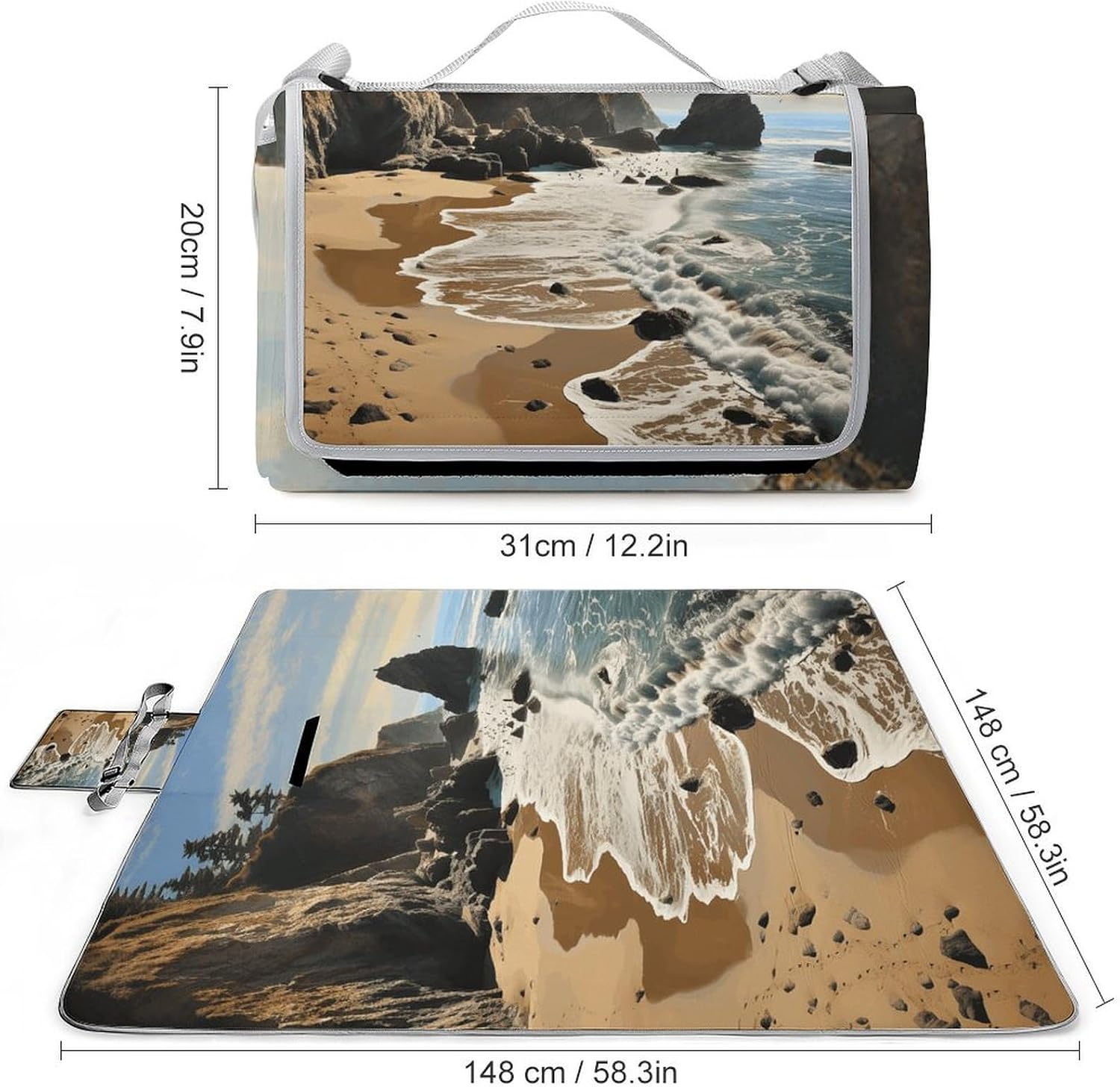 Beach on The Pacific Coast Waterproof Picnic Blanket 58.3''x58.3'',Portable and Foldable Picnic Mat with Handle,Outdoor Blankets for Lawn Park Beach Travel