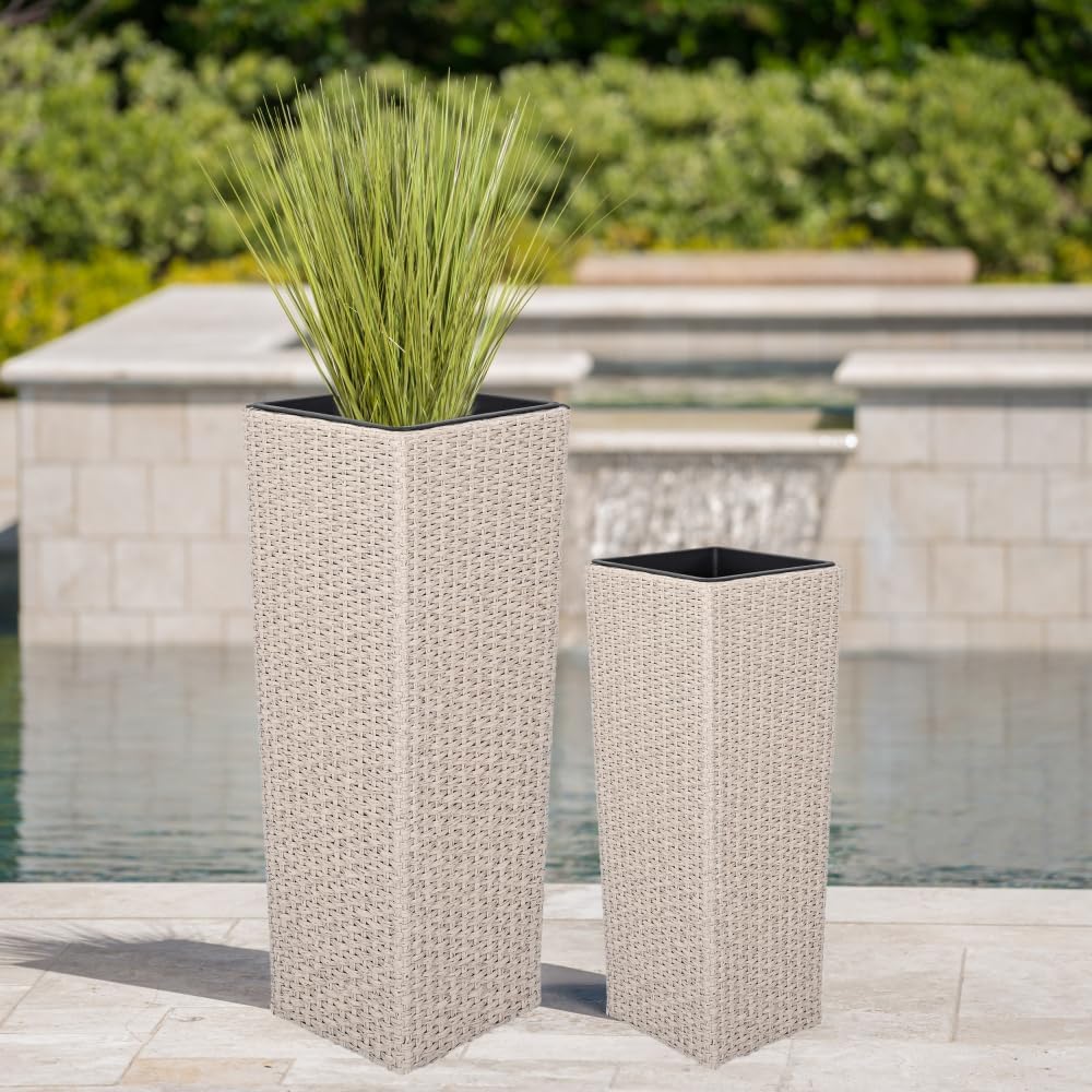 Woven Rattan Flower Pot Set with Iron Frame - Brown Polyethylene Wicker Planter for Indoor and Outdoor Use (Beige + PE Rattan+Iron)