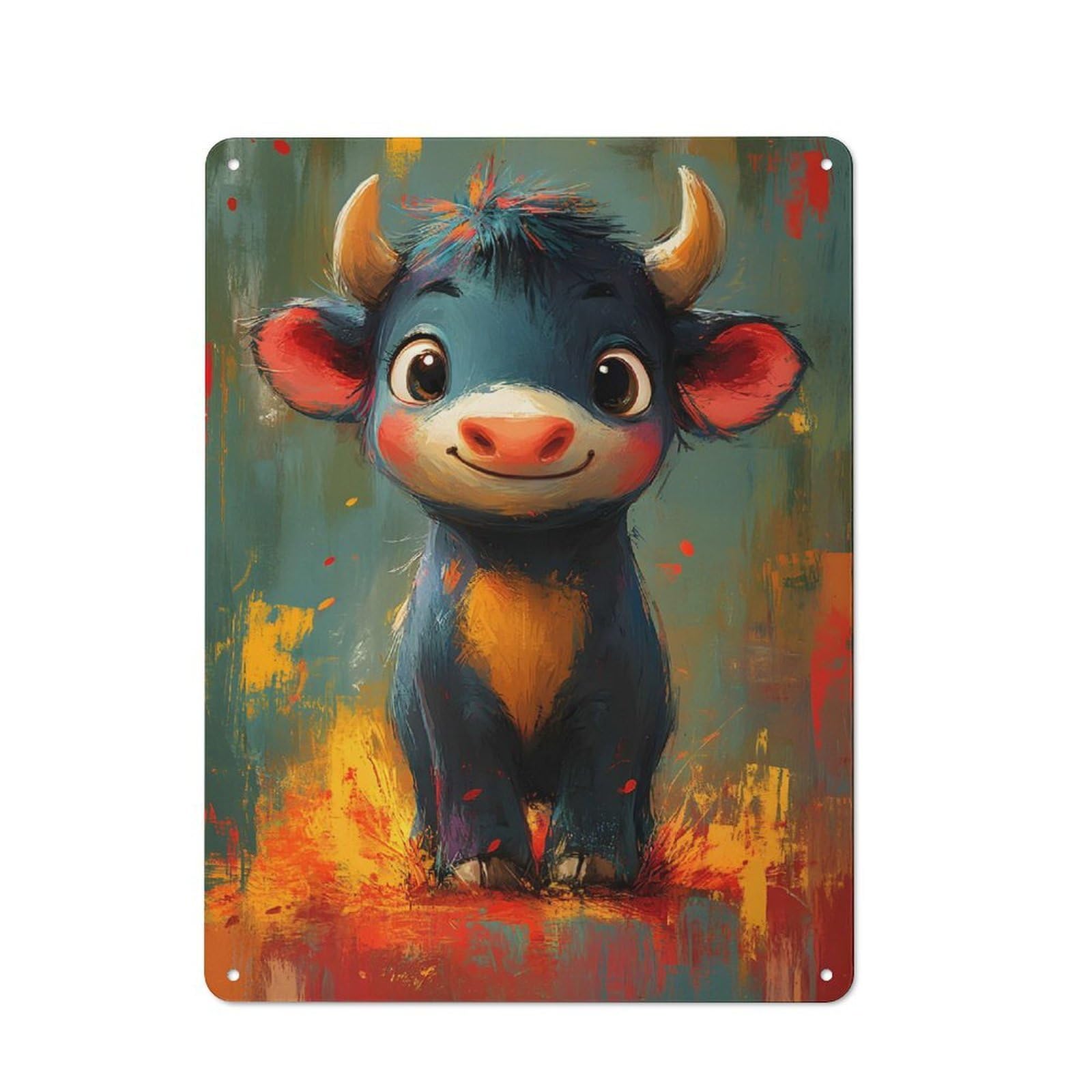 Junmoney Cute Oil Paint Cartoon Bull Classic Metal Sign 40X30cm Featuring Bar Wall Plaque For Diner, Restaurant, Shed Or Kitchen