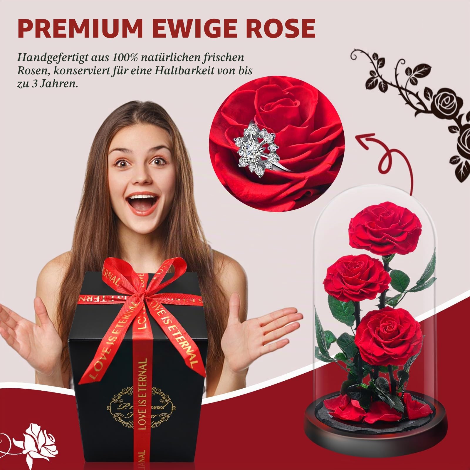 Ewige Rose im Glas, Drei Rote Rosen, Konservierte Echt Blume für 5 Jahre, Infinity Rose, Besondere Geschenk für Frauen, Mama, Freundin, für Sie, zum Valentinstag, Jahrestag, Geburtstag, Muttertagn