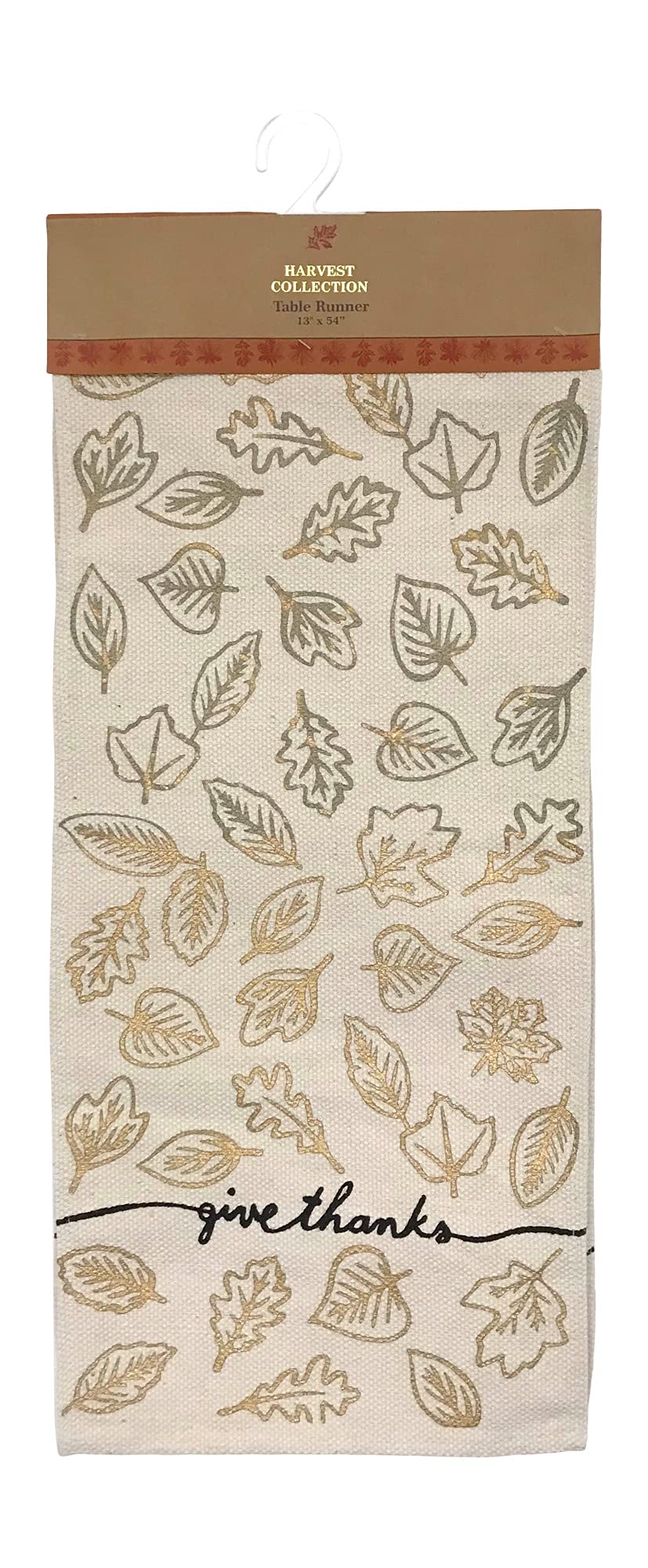 Serafina Home Fall Table Runner: Natural Beige with Rustic Gold and Silver Leaf Sketch Give Thanks Message, Printed on Cotton Fibers with Faux Burlap Weave (Give Thanks Table Runner)