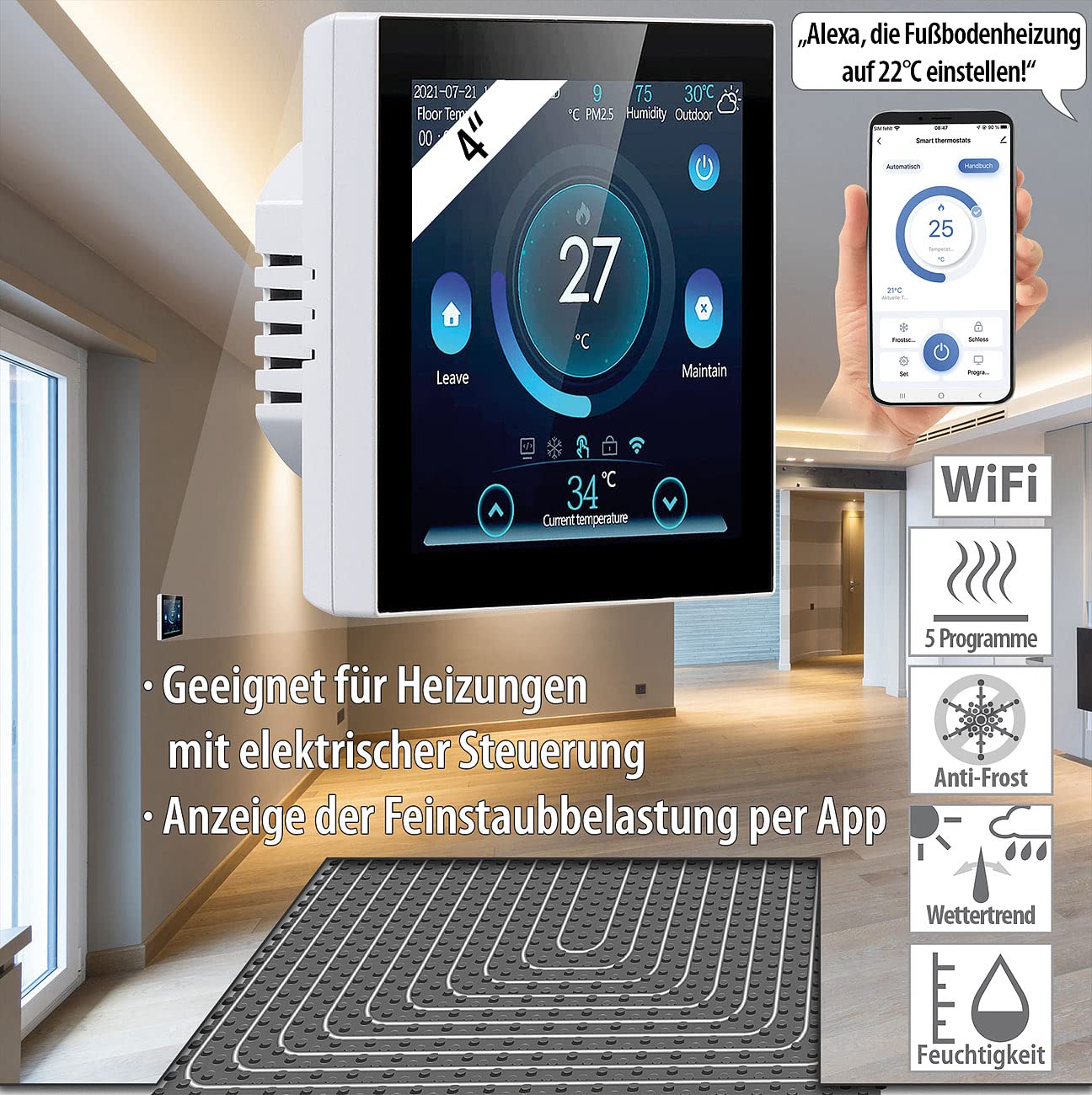 revolt Thermostat WLAN Heizung: WLAN-Fußbodenheizung-Thermostat mit Touchdisplay, Feinstaub-Anzeige (Steuerung, Raumthermostat Aufputz, Funk)