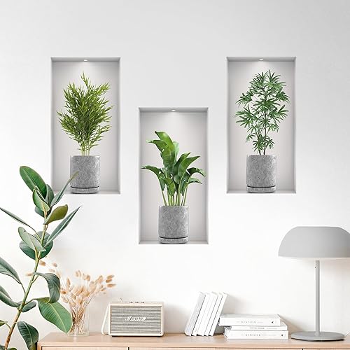 Calcomanías de pared 3D de plantas verdes en maceta, 3 piezas de vinilo vegetal, hojas, calcomanías de pared creativas autoadhesivas para decoración