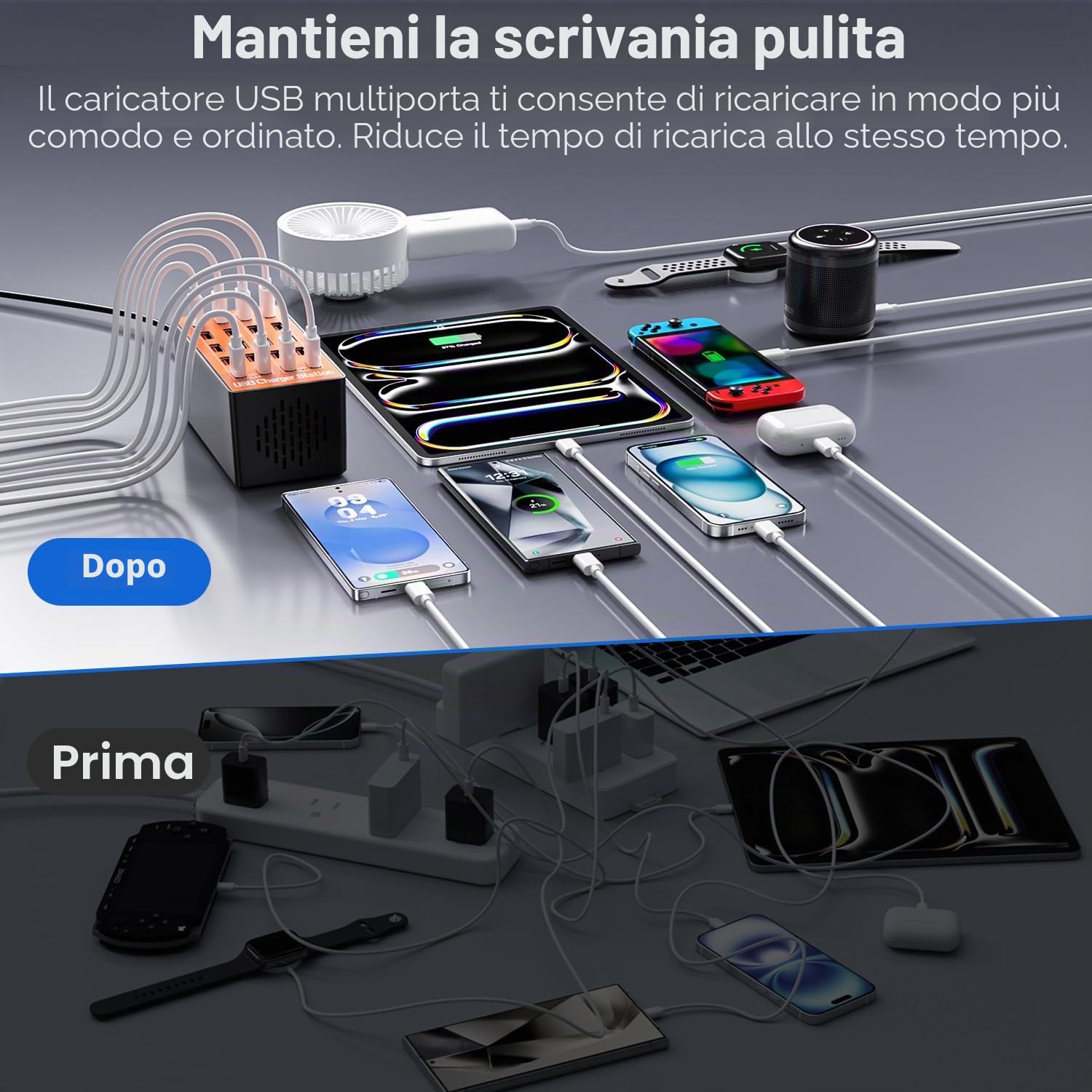 Caricabatterie USB Multiplo da 20 Porte, Stazione di Ricarica Intelligente da Scrivania con Ricarica Rapida e Design Compatto per iPhone, Samsung, Google e Altri Dispositivi