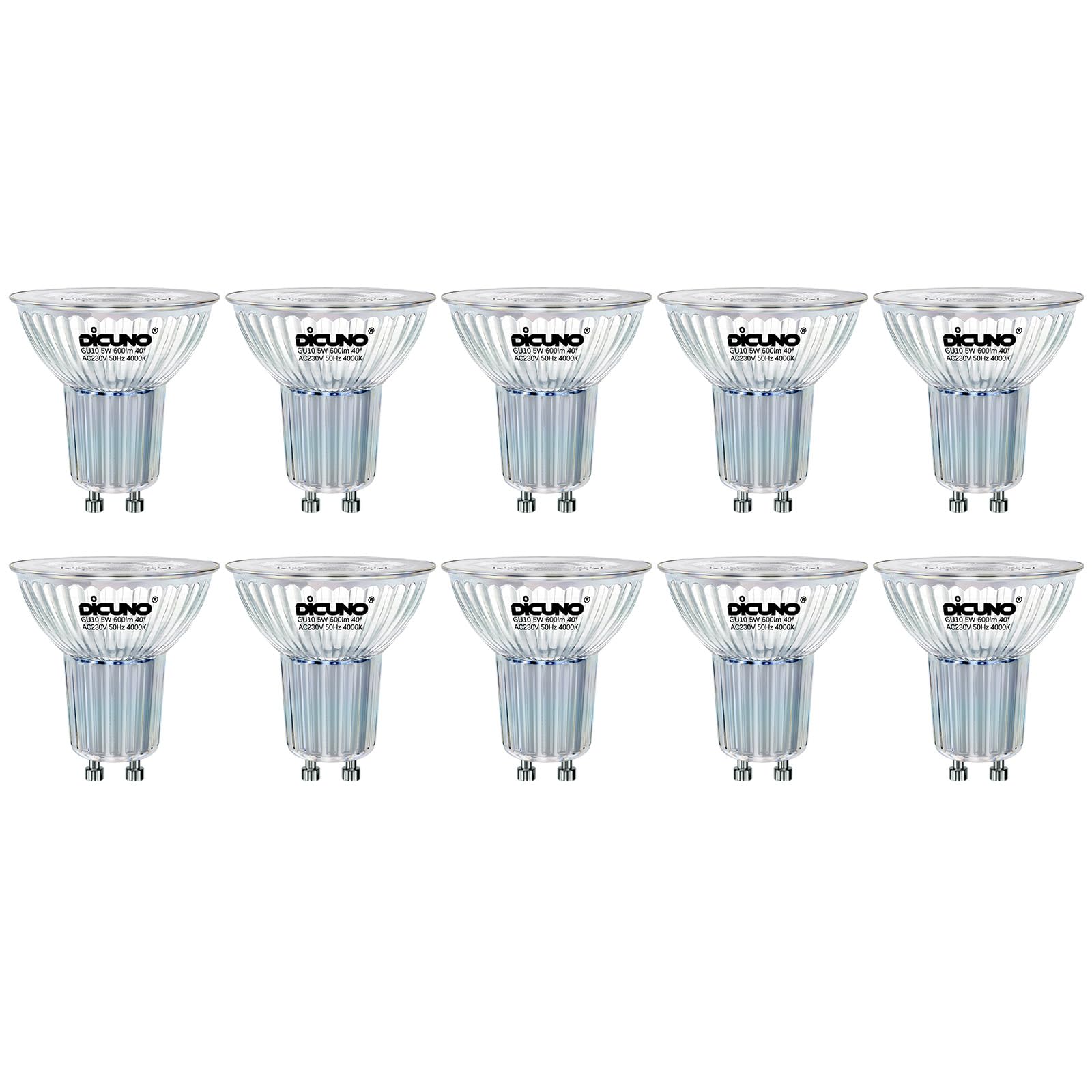 DiCUNO GU10 LED Bulbs Natural White 4000K, 5W 600LM Energy Saving GU10 LED Light Bulbs, 50W Halogen Equivalent, Class D Spotlight for Ceiling Lighting Decor, 40° Beam Angle, Not-dimmable, 10 Pcs
