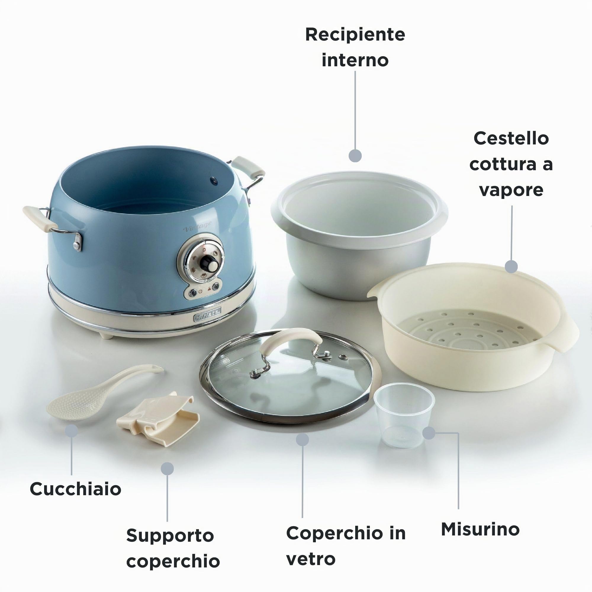 Ariete 2904 Vintage Rice Cooker, Reiskocher Slow Cooker, Dampfgarer, Vintage-Linie, 3,5 l, antihaftbeschichtete Keramikbeschichtung, 650 W, Pastellblau